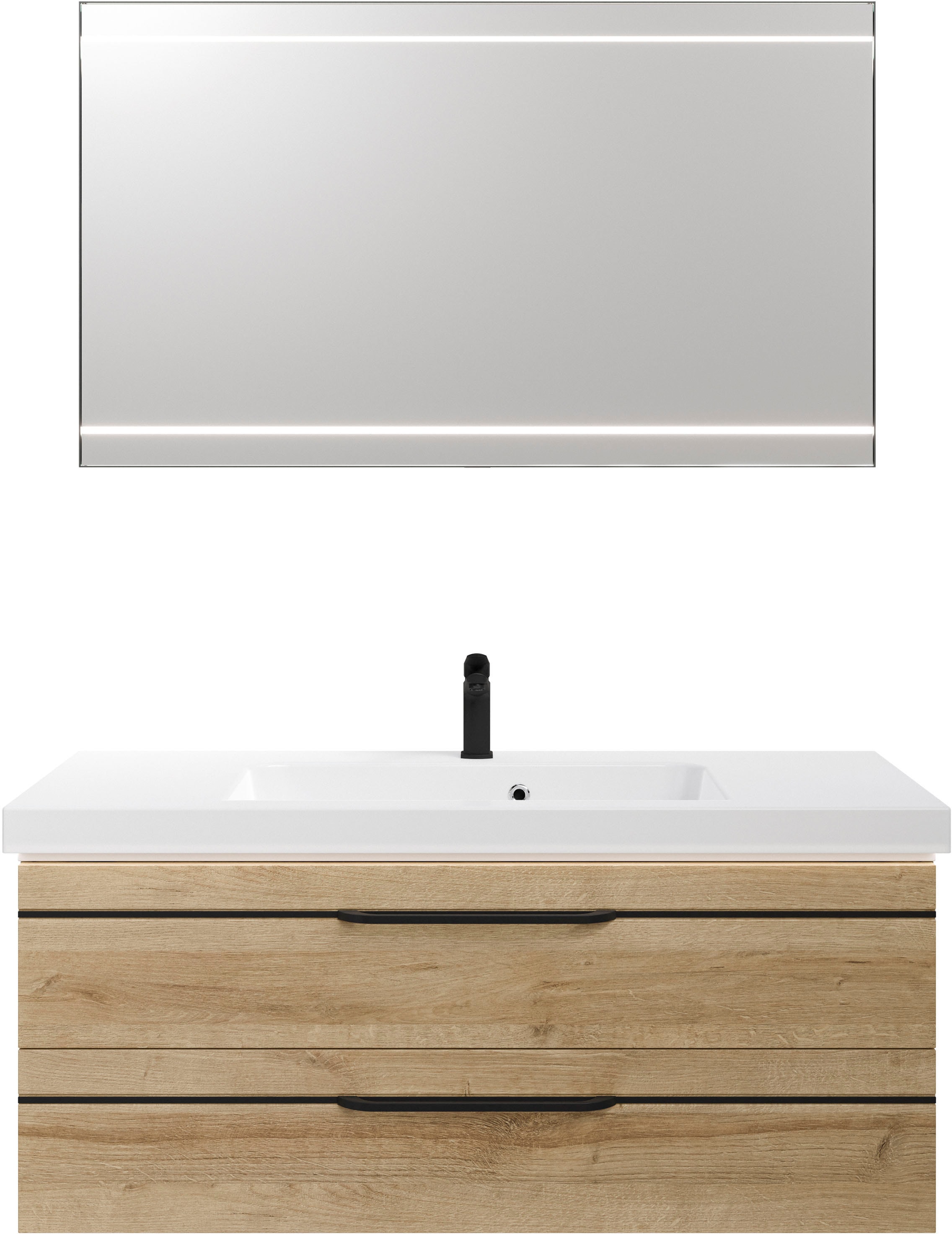 Saphir Badmöbel-Set »Balto 2-teilig Mineralmarmor-Waschtisch mit LED-Spiegel, 123 cm breit«, (2 St.), Waschplatz mit 2 Schubladen, Badschrank inkl. Schubladendämpfer