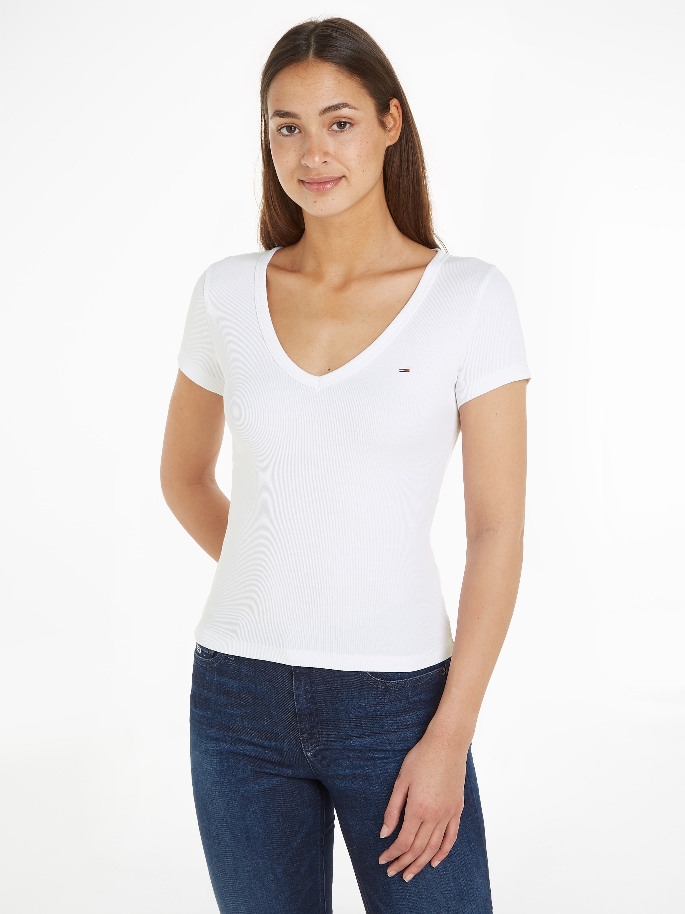 Tommy Jeans Kurzarmshirt "TJW SLIM ESSENTIAL RIB V SS", in gerippter Strukt günstig online kaufen