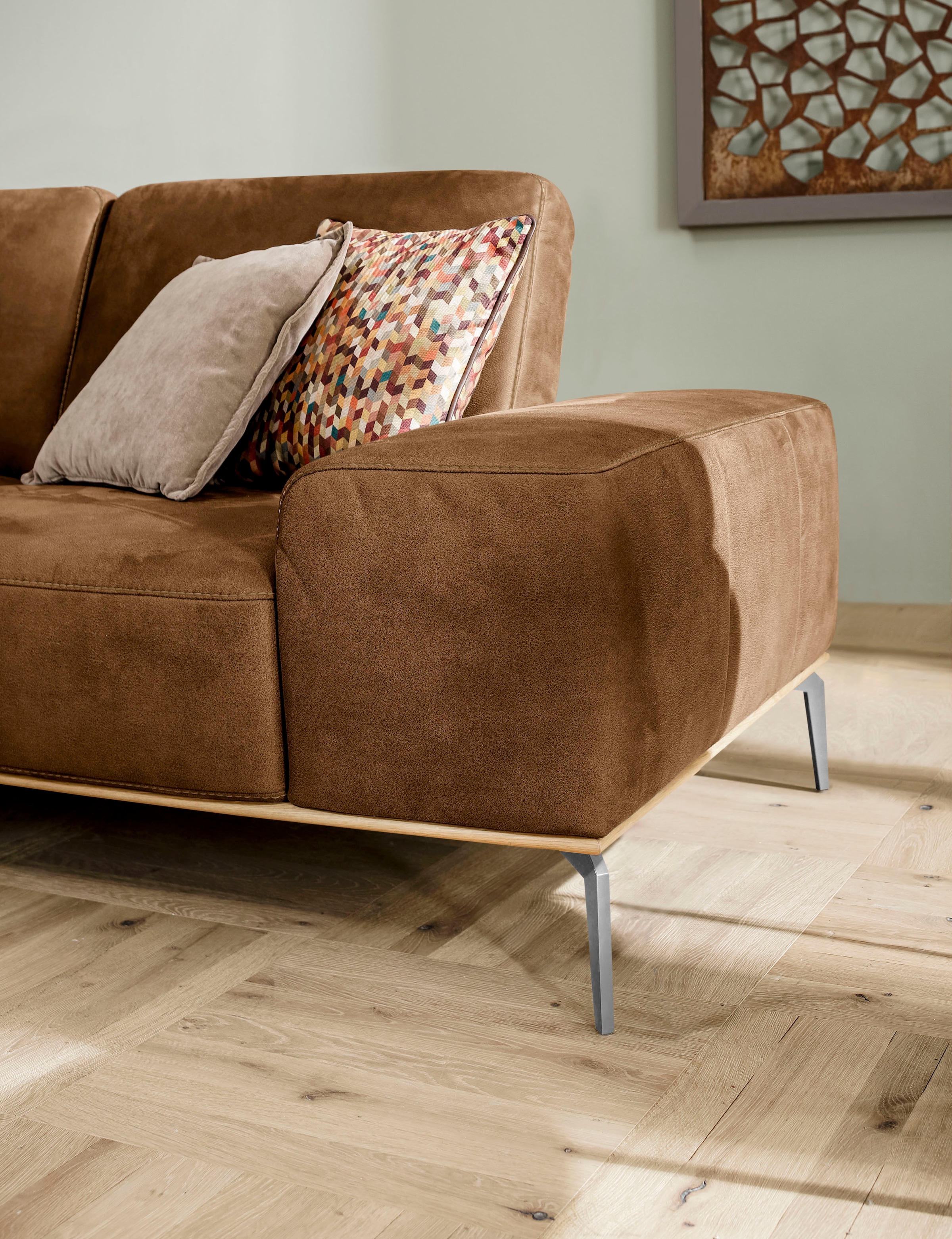W.SCHILLIG Ecksofa »run, Designsofa mit tollem Sitzkomfort, L-Form«, mit elegantem Holzsockel, Füße in Chrom glänzend, Breite 279 cm