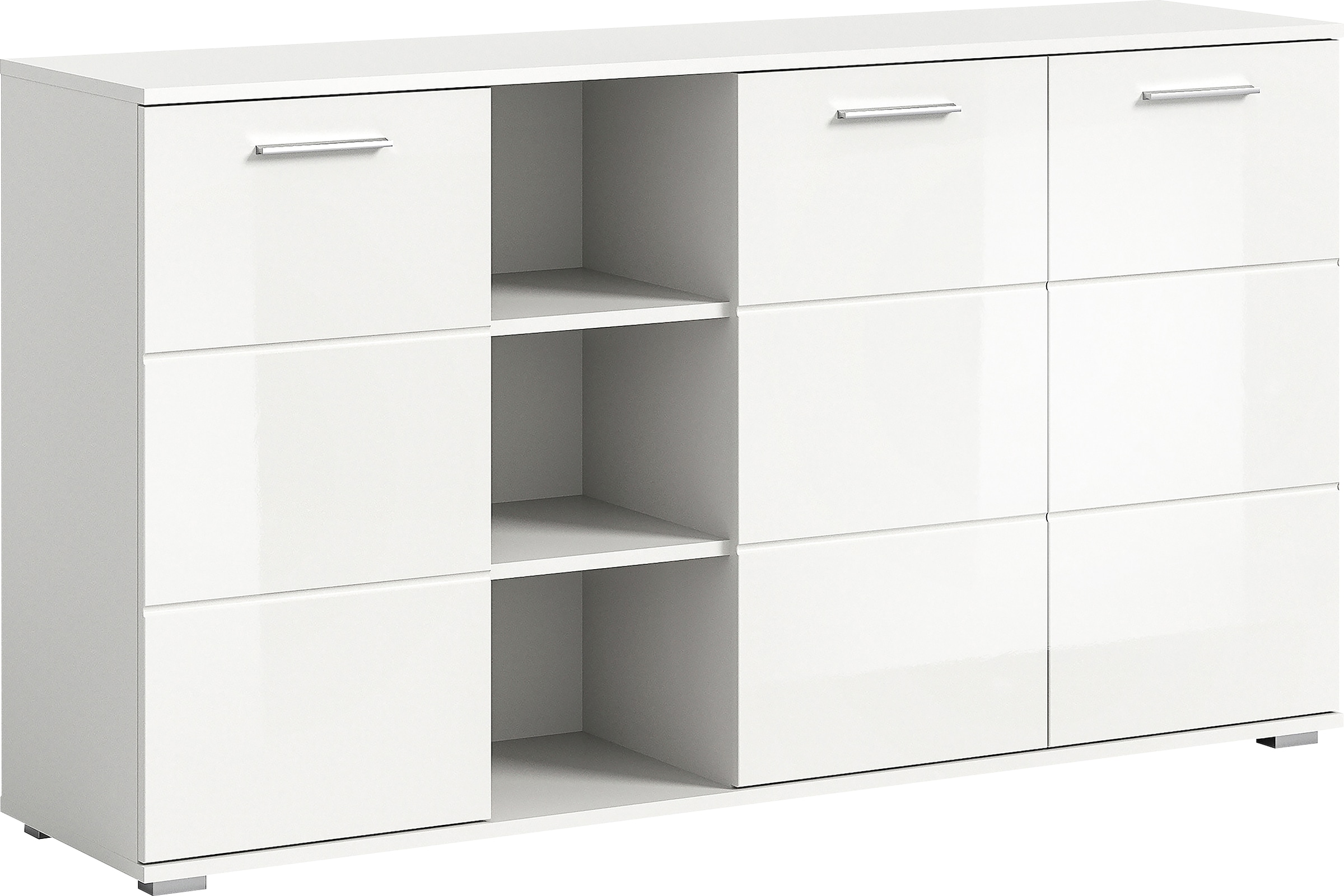INOSIGN Sideboard »Valge, Breite 150 cm, 3 Türen, 4 verstellbare Böden, 3 offene Fächer«, Front-Rillenfräsung, Schuhkommode, Anrichte, Schrank, Kommode