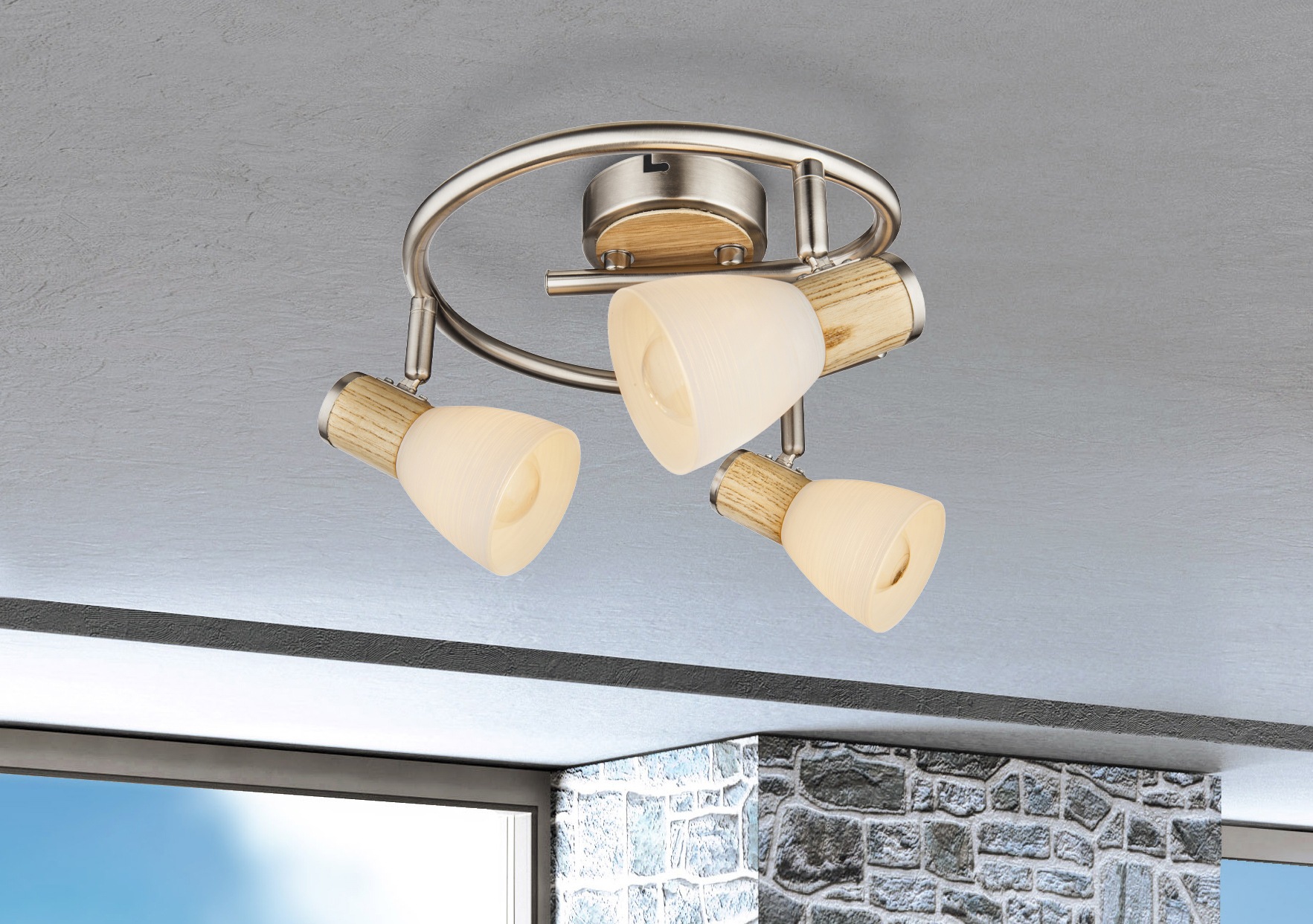 GLOBO LIGHTING Deckenspot »GYLFI« E14 1 Stk. Strahler Nickel/Holz, Opal/Glas gestreift, E14