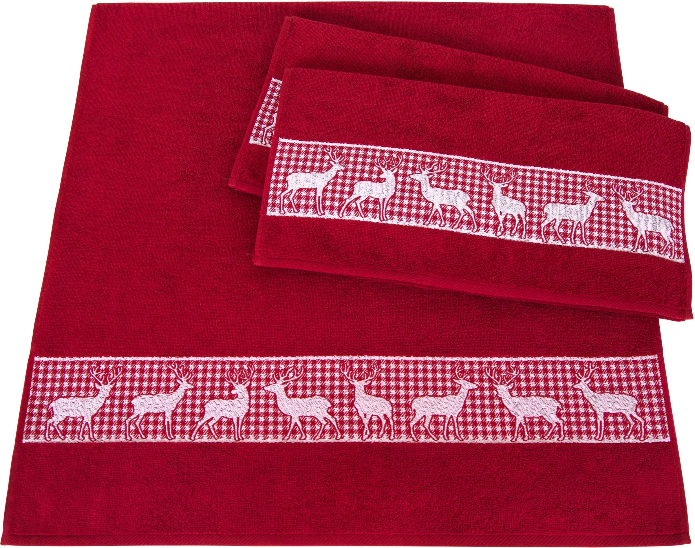 Dyckhoff Handtuch Set »Hirschparade«, (Set, 3 St., 2 Handtücher (50x100 cm)-1 Badetuch (70x140 cm), mit karierten Bordüre und Hirschmotiven