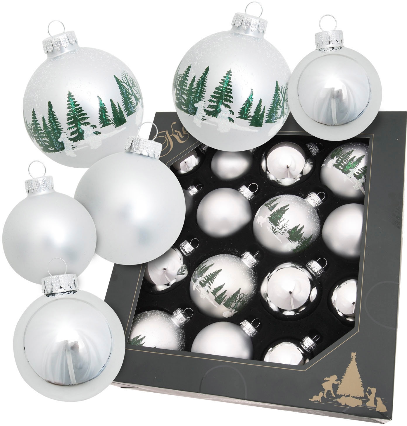 Christbaumschmuck "Kugelsortiment", B:8cm H:29cm T:29cm, silber, KREBS GLAS LAUSCHA, Weihnachtsbaumschmuck, Christbaumschmuck aus Glas,