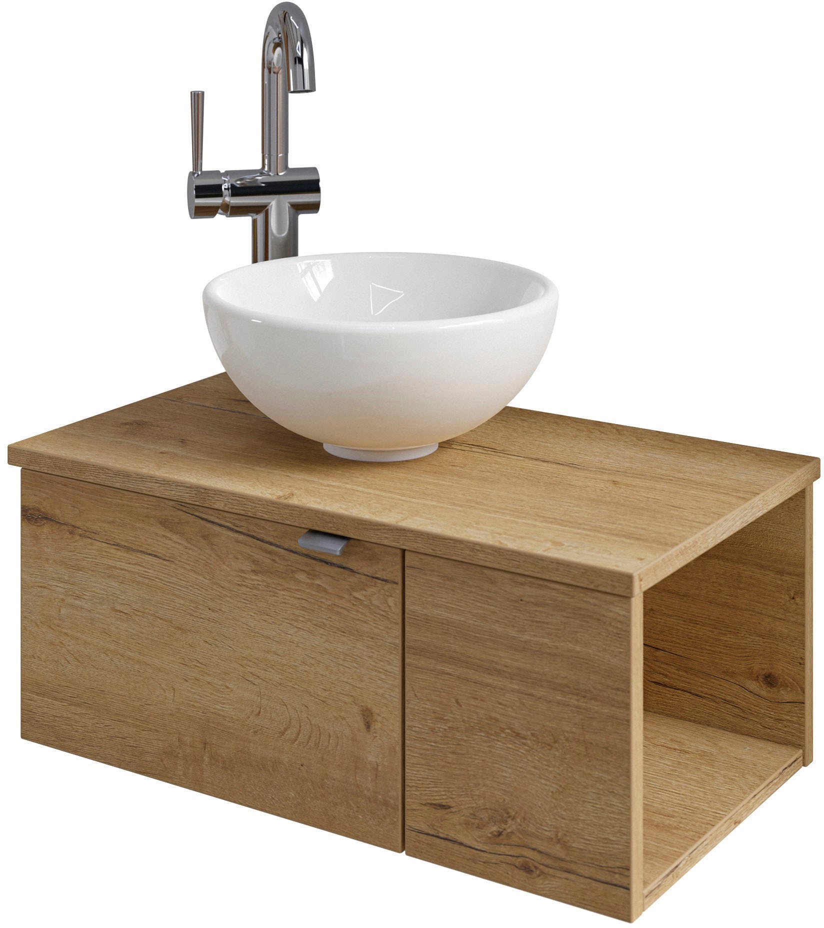 Saphir Waschtisch "Serie 6915 Waschschale mit Unterschrank für Gästebad, Gäste WC" Keramik-Aufsatzbecken, Waschtischplatte, Waschtischunterschrank, 3 Stk. tlg. 61 cm breit, 2 Türen, offenes Fach, kleine Bäder, ohne Armatur