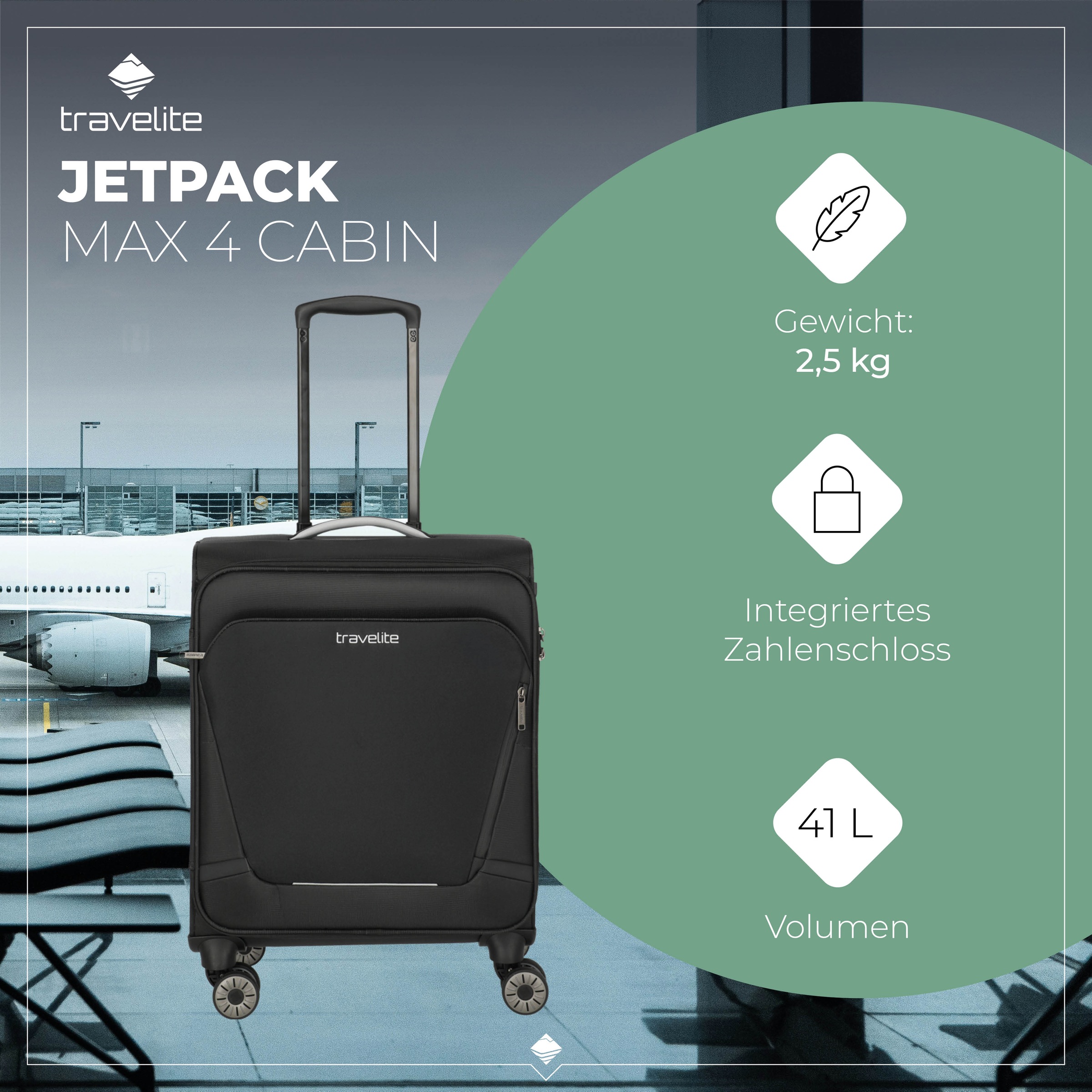 travelite Handgepäck-Trolley »JETPACK Max 4 Cabin, konzip. für Lufthansa, Austrian Airlines & Swiss«, 4 Rollen, Weichgepäck-Koffer Handgepäck für die meisten gängigen Airlines