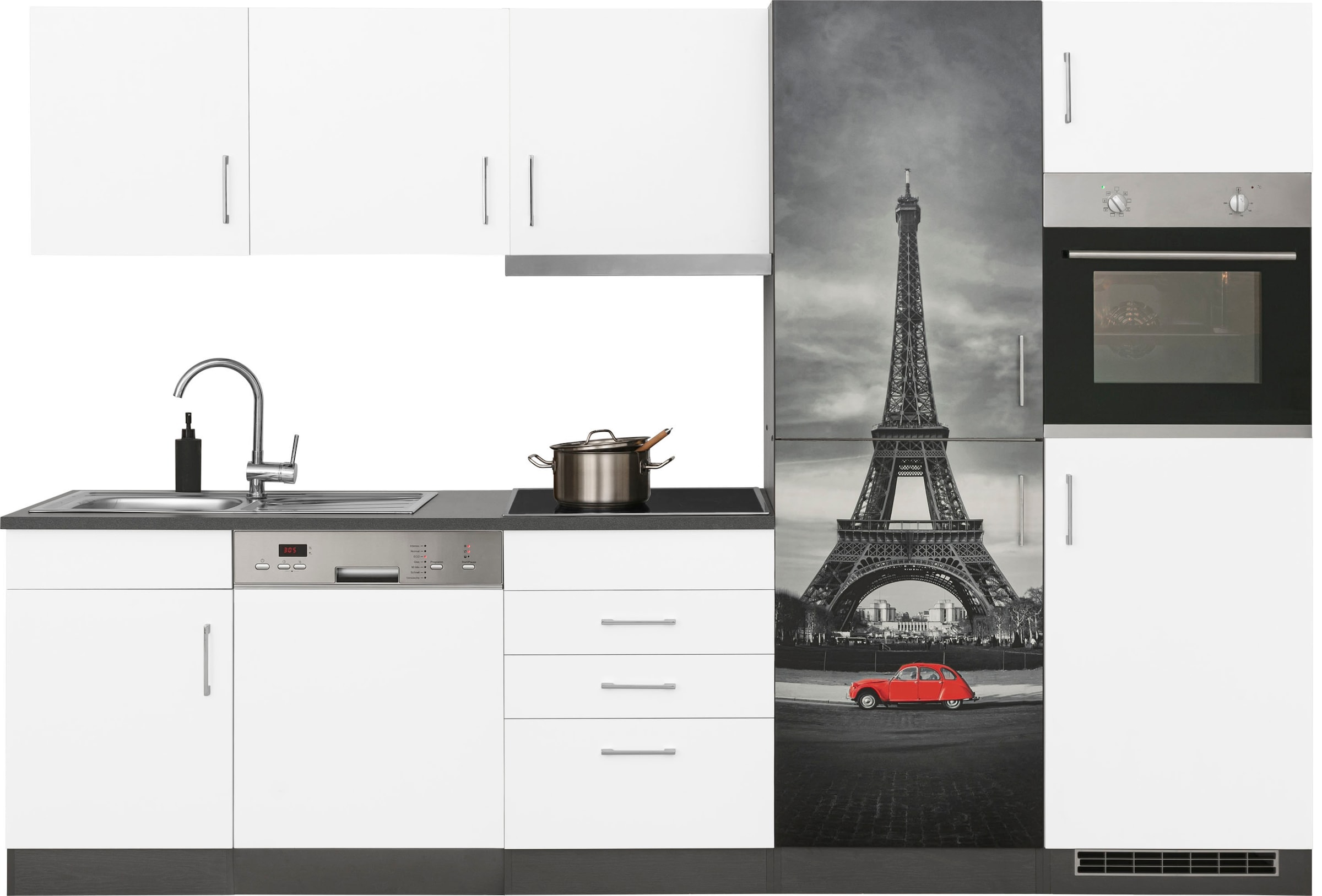 KOCHSTATION Küchenzeile "KS-Paris – Küchen mit einzigartigen Fotomotiven auf den Fronten" Breite 290 cm, wahlweise mit E-Geräten und Induktion