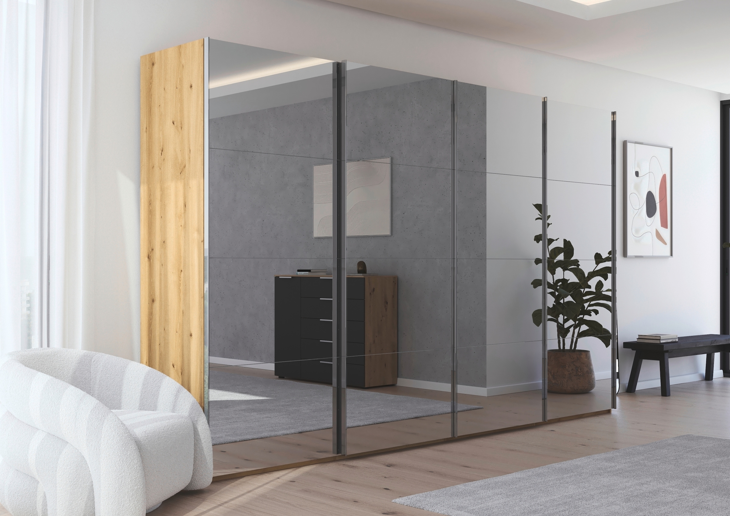 rauch Schwebetürenschrank »Kleiderschrank Schrank Garderobe Schlafzimmerschrank SCALE-FYRA«, edle viergeteilte Türen, Spiegelfront und viele Farben MADE IN GERMANY
