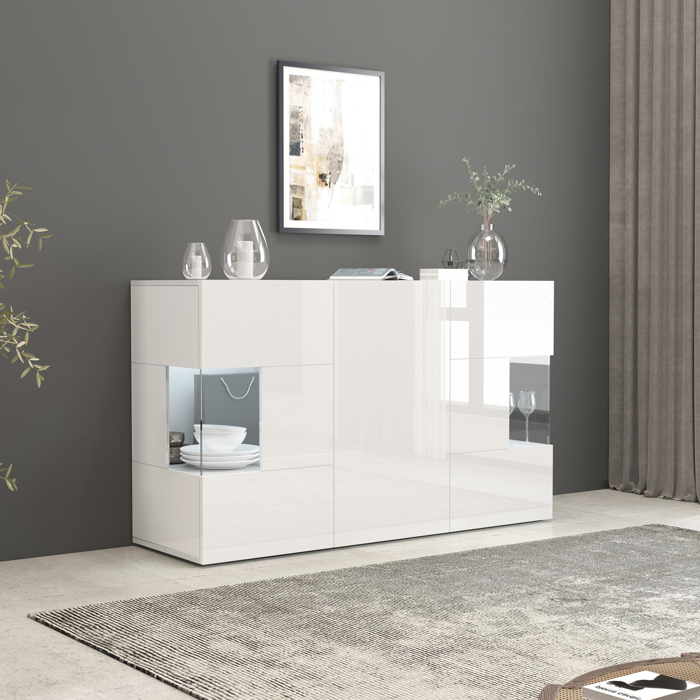 INOSIGN Sideboard »Egypt, Kommode, Schrank, Kredenz, Vitrine grifflos«, 3 Türen davon 2 mit Glaseinsatz, kompl. Hochglanz lackiert Breite 135