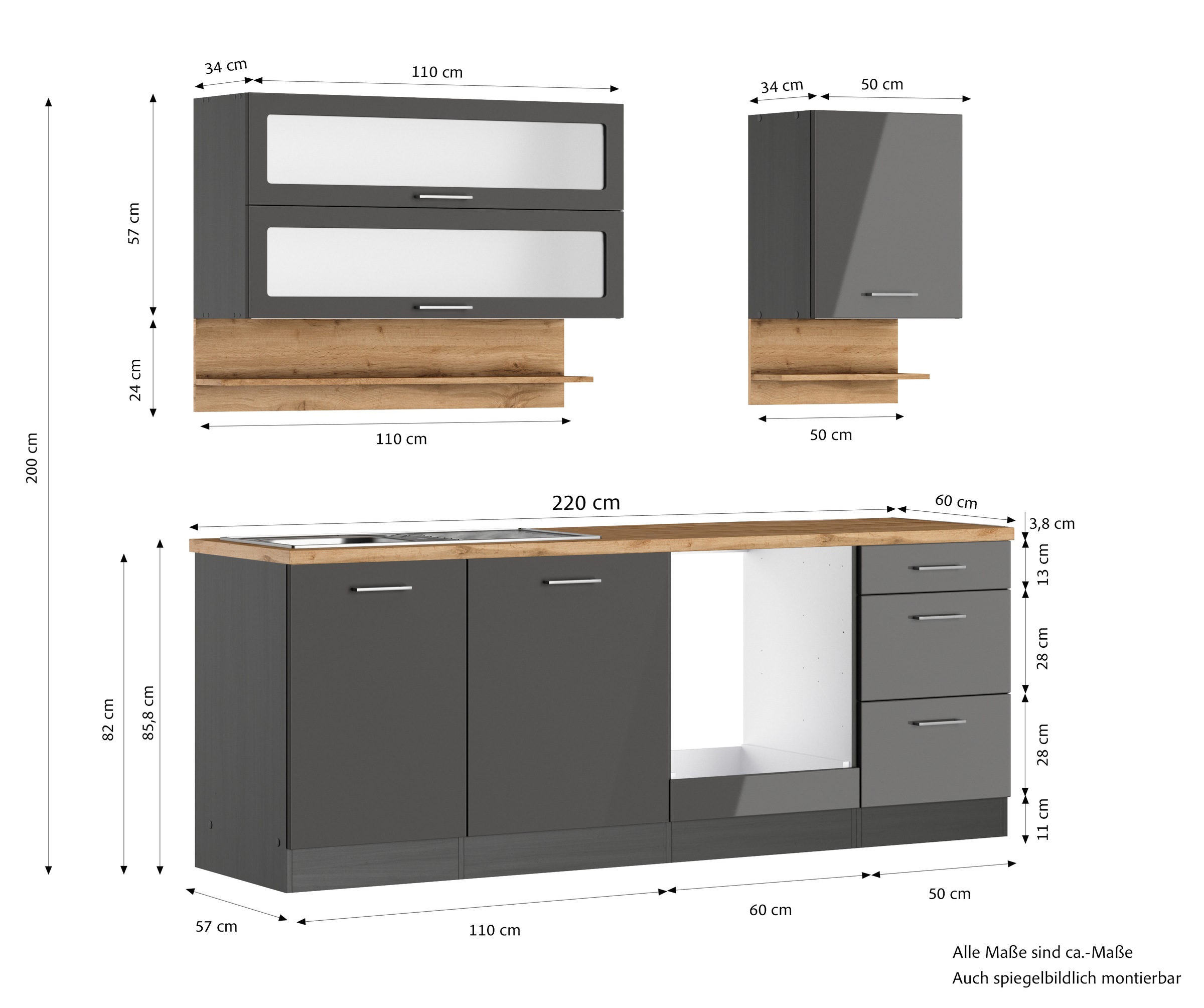 KOCHSTATION Küchenzeile »KS-Milan«, 220 cm breit, robuste Metallauszüge, viel Stauraum