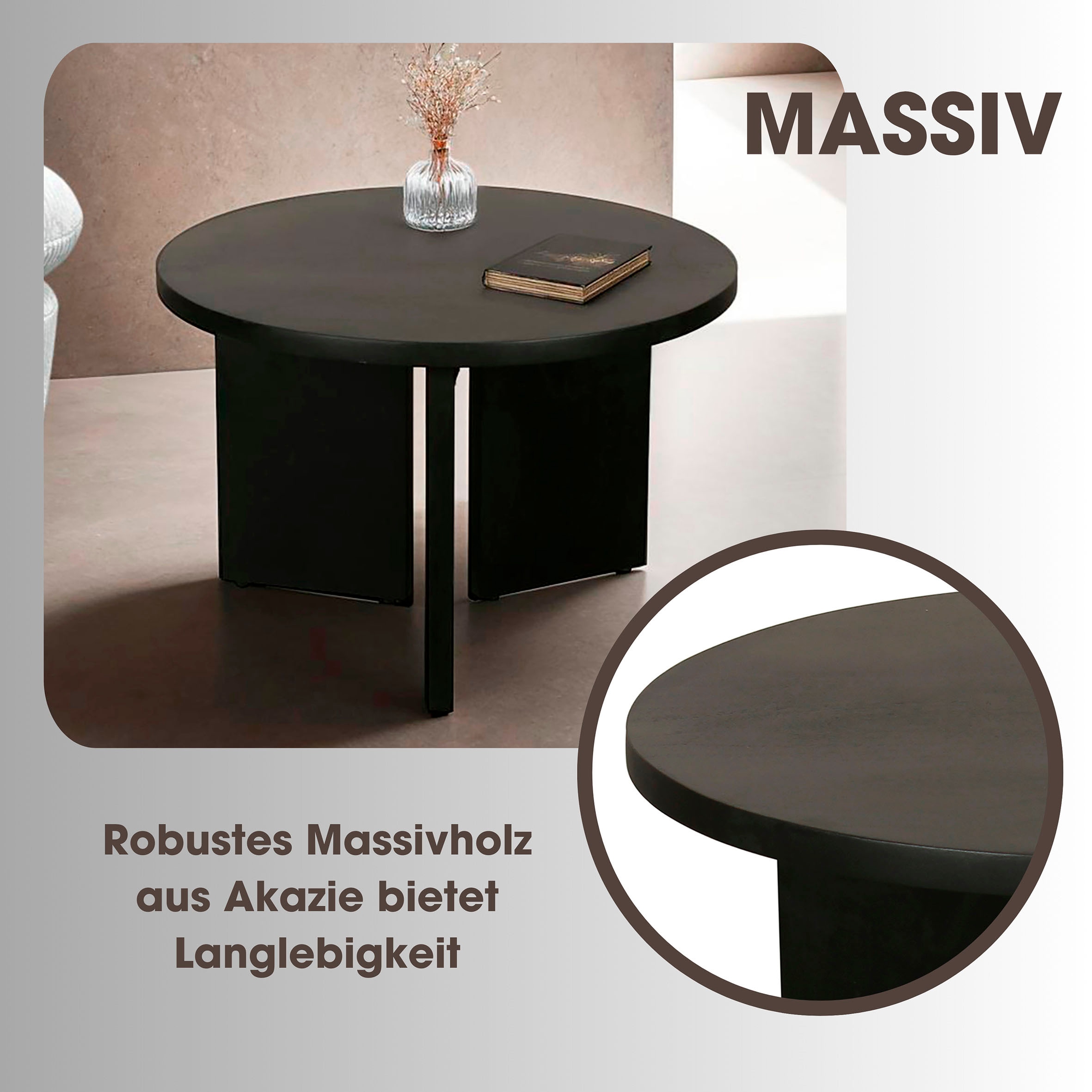 byLIVING Couchtisch »Round«, (Set), aus 2,5cm starkem Massivholz schwarz, einzeln oder im Set stellbar