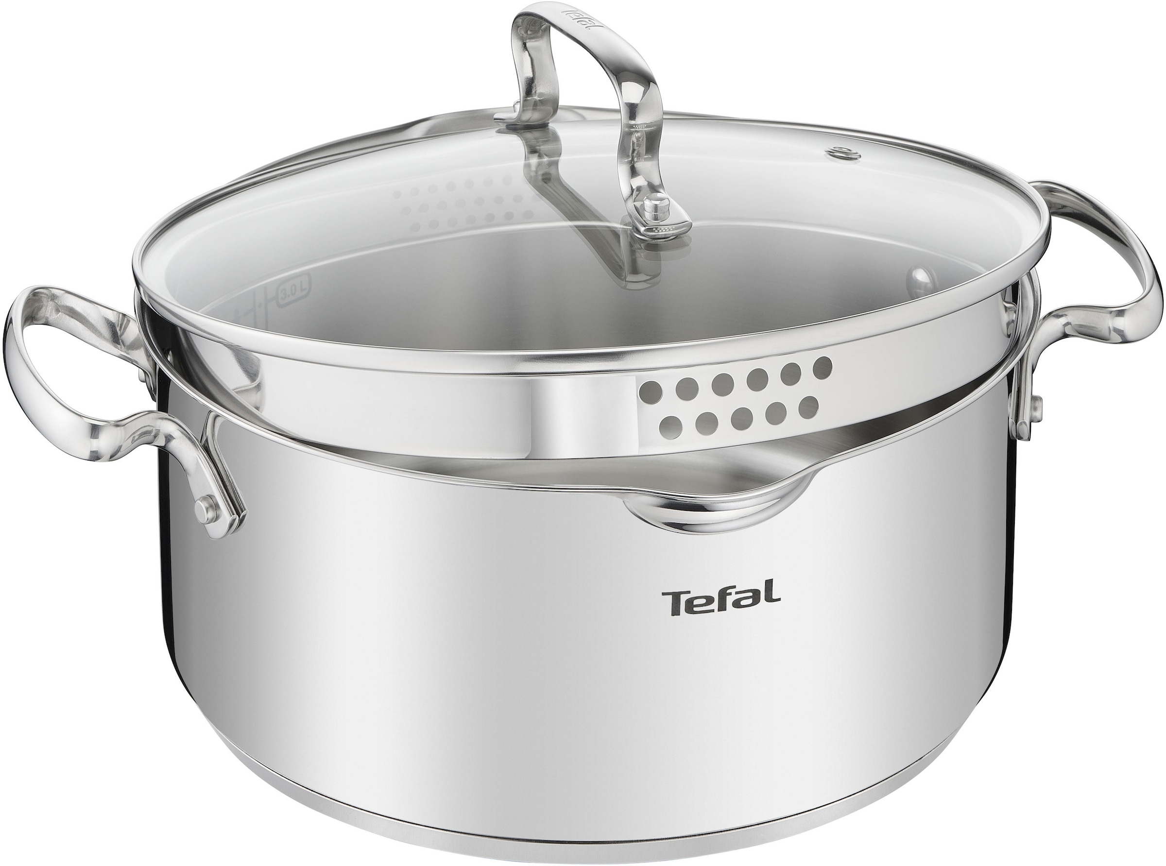 Tefal Kochtopf »Duetto+«, Edelstahl 18/10, hochglanzpoliert, Glasdeckel mit Siebfunktion