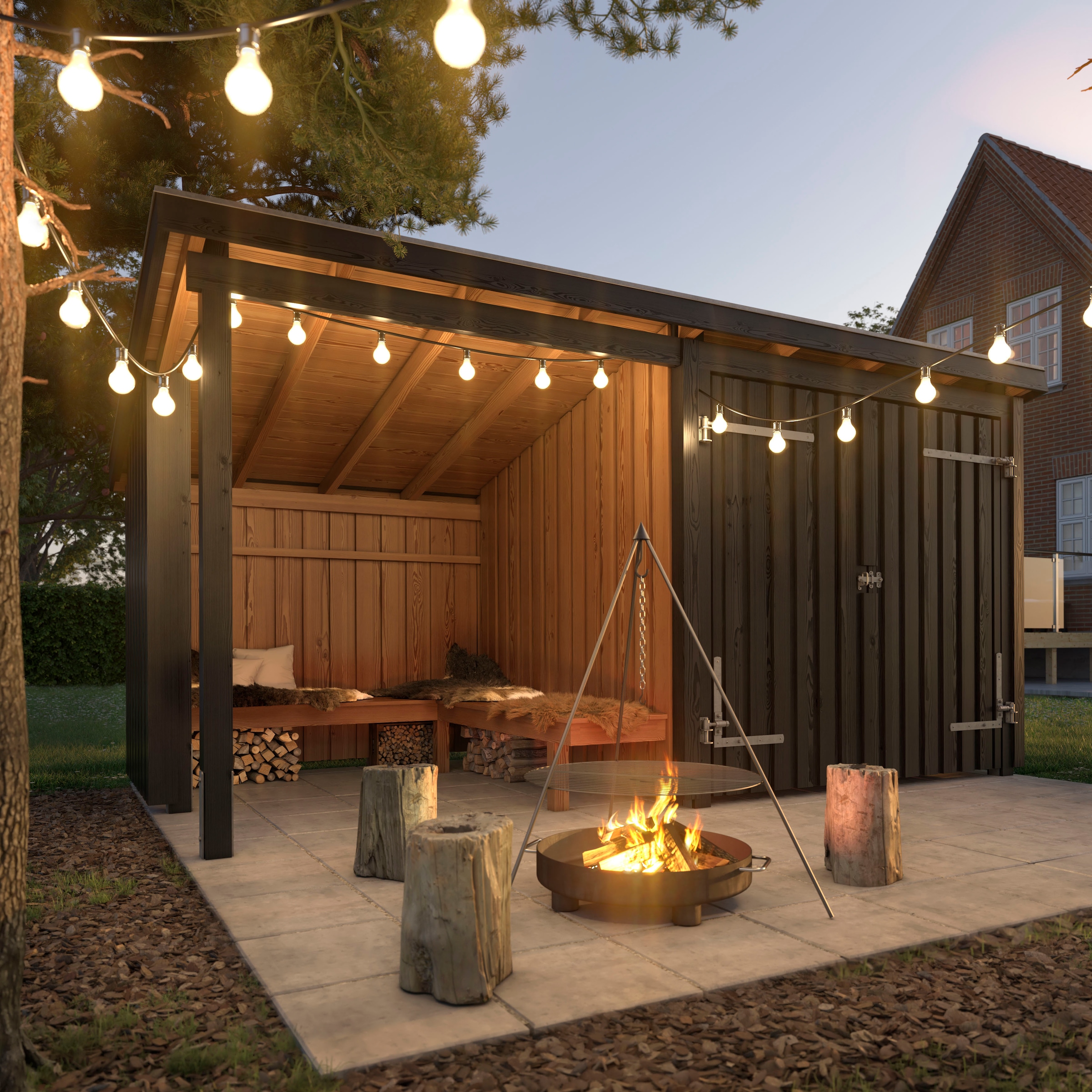 PLUS Gartenhaus »Nordic«, (Packung), Grillhütte 9,5 m² mit Doppeltür, Dachpappe/Aluleisten/H-Füße