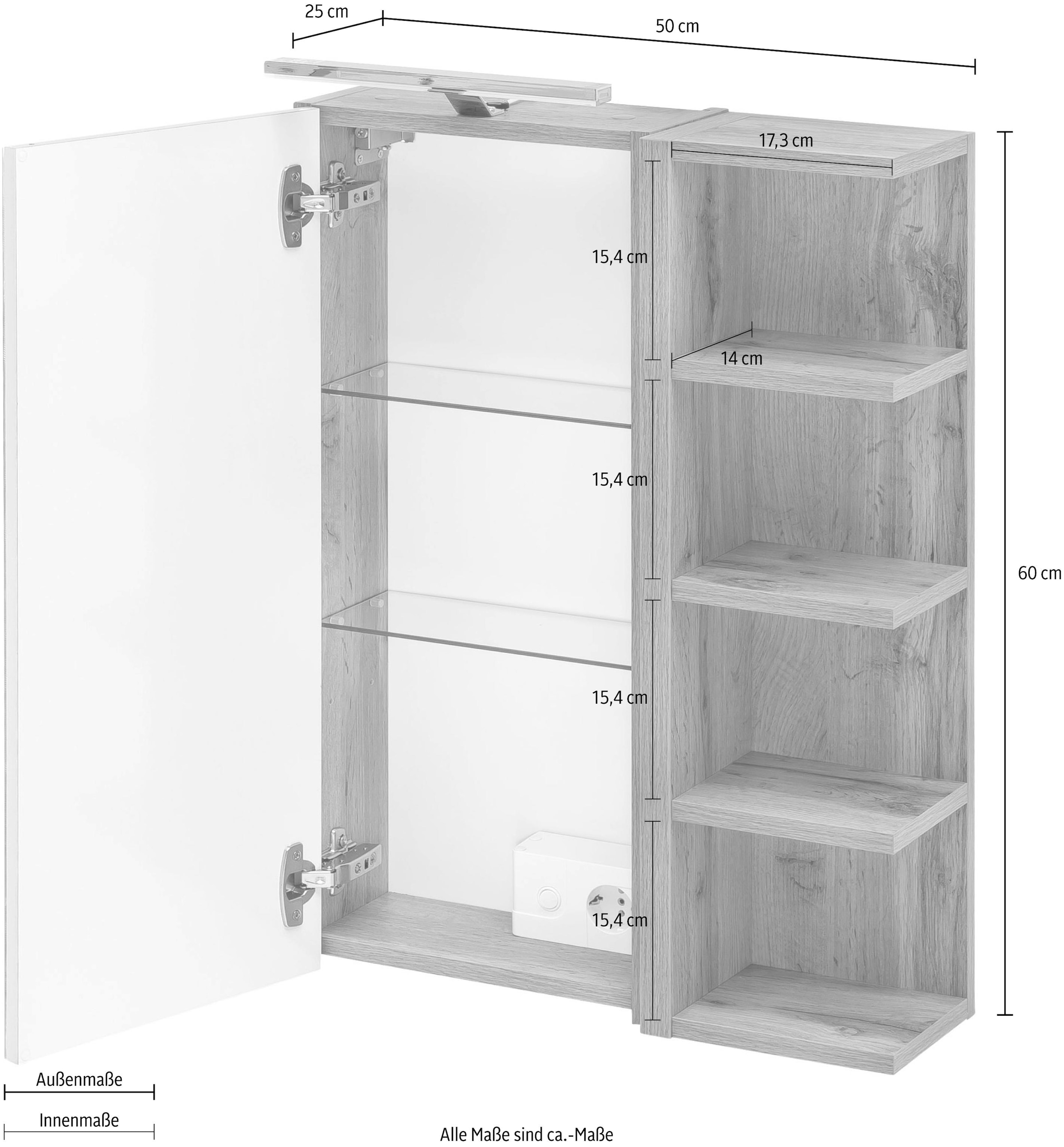 50 | cm, BAUR LED-Beleuchtung, 1-türig, Schalter-/Steckdosenbox Spiegelschrank, Schildmeyer Breite