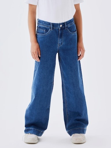 NAME IT Mädchen Weite Jeans "NKFROSE für Mädchen mit weitem Bein und High Waist", blau, Gr. 134, unifarben, Denim/Jeans, Obermaterial: 74% Baumwolle,