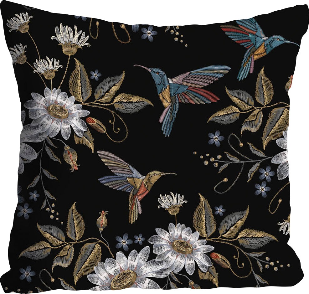 queence Dekokissen »Johanna«, Kissenhülle,Blumenzweige,Vögel,Schwarzer Hintergrund,Florales Design