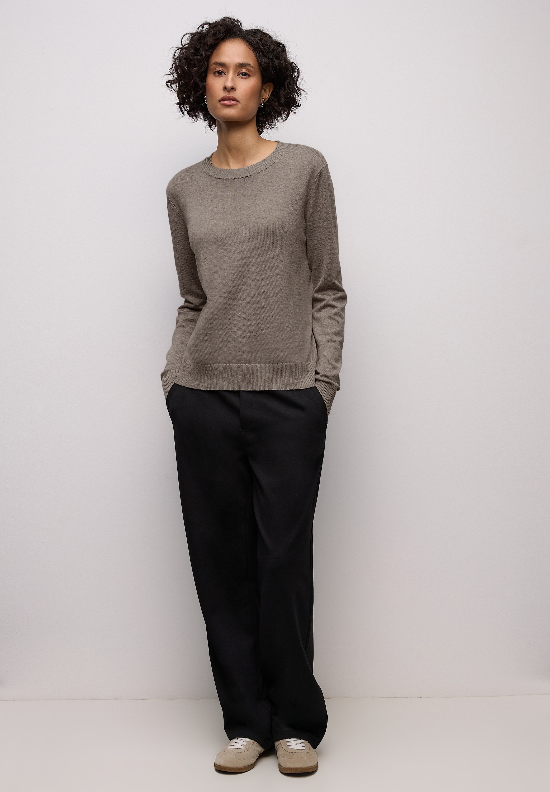 Rundhalspullover STREET ONE, Damen, Gr. 42, mocha glow meliert, Stoff, 86% Viskose, 14% Polyester, unifarben, normal normal, Rundhals, Rippbündchen, Pullover Rundhalspullover, mit Rundhalsausschnitt 3