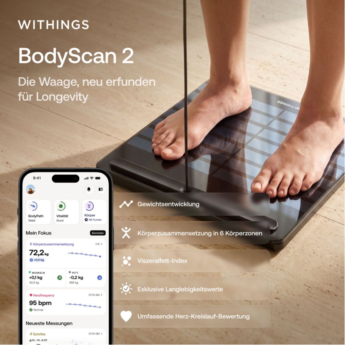Withings Körper-Analyse-Waage »Withings BodyScan2: Ganzkörperanalyse für Herz & Stoffwechsel« 6-Kanal-EKG • Vorhofflimmern-Erkennung • SpO₂ • Nervengesundheit