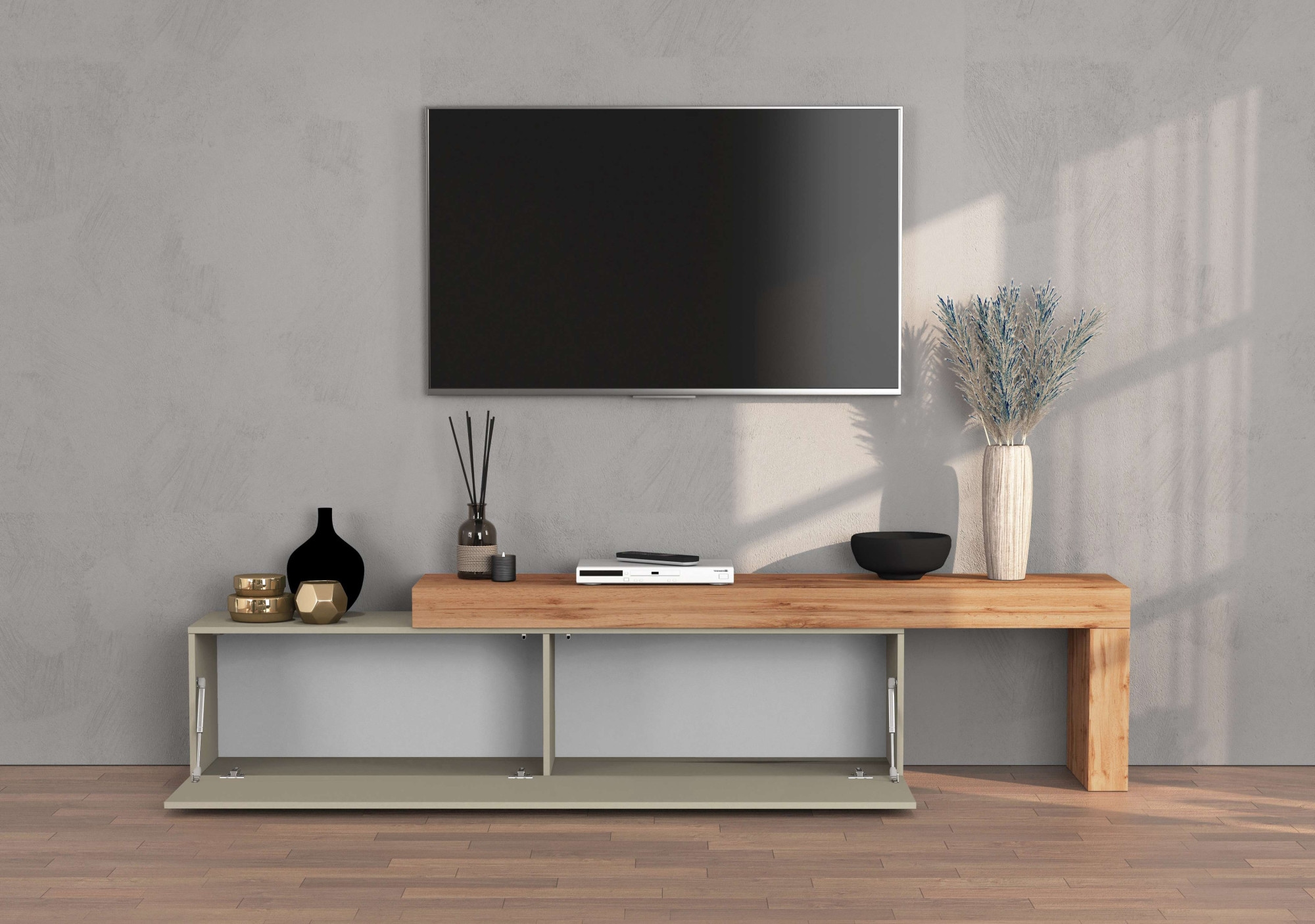 INOSIGN Lowboard »Chronos TV-Board, TV-Schrank«, (1 St., Breite verstellbar von 190 bis 350 cm), Breite 270 cm TV-Board,Lowboard,1 Klappe und ein L-Förmiger Aufsatz