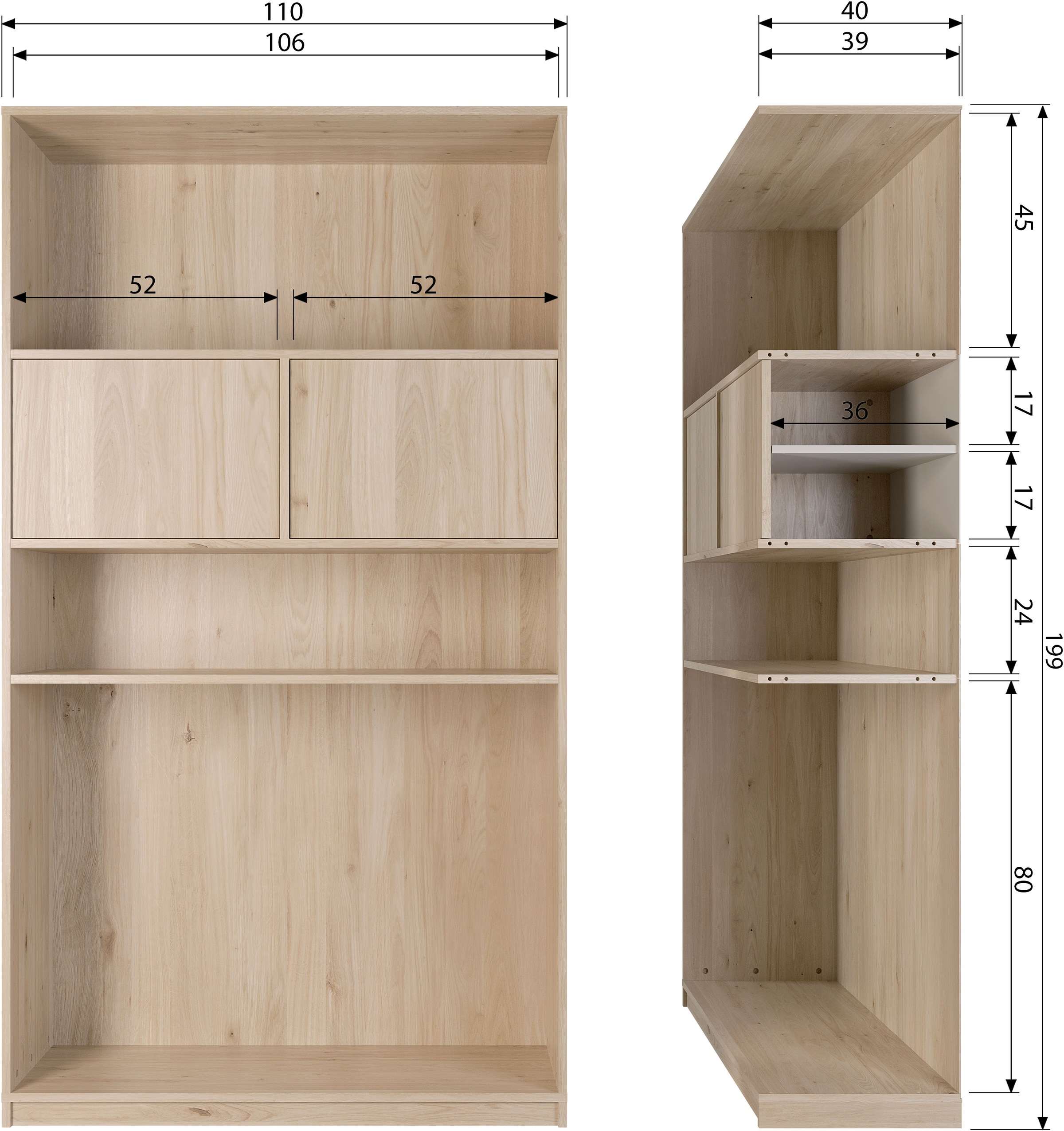 WOOOD Stauraumregal »Modulair mit FSC® Eichenfurnier und Push-to-open B110 x T40 x H199 cm« Tragkraft 15 kg pro Einlegeboden, einfach zu montieren