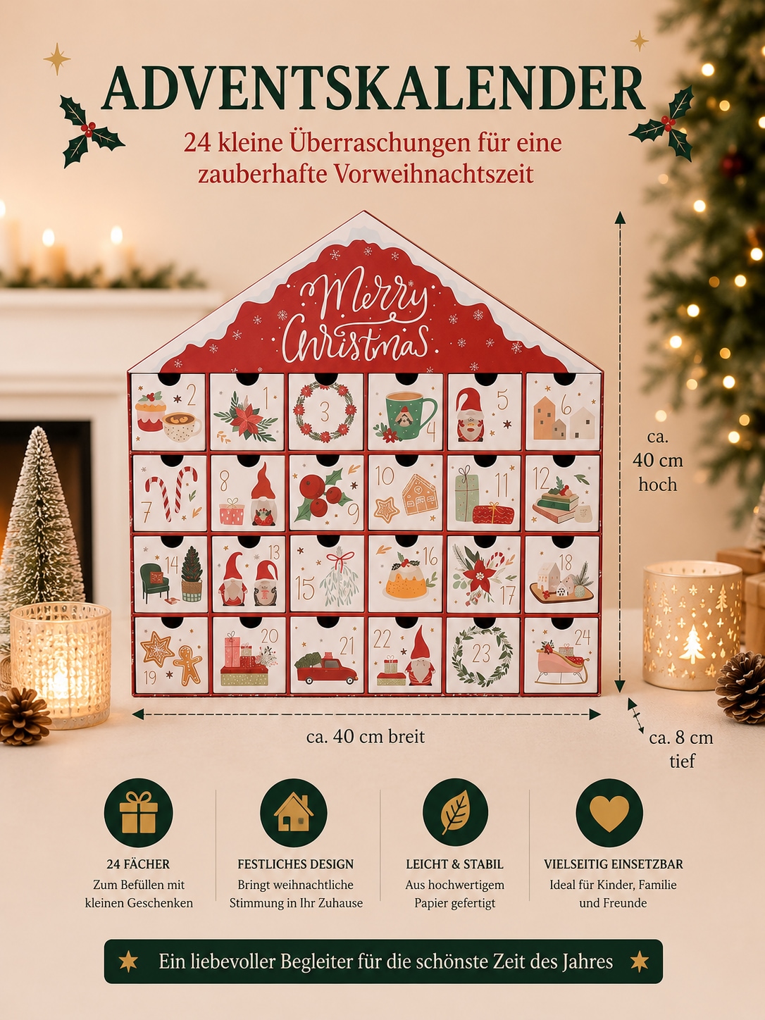 OTTO home Adventskalender »Haus mit weihnachtlichen Motiven auf den Schubladen« Es liegt keine Altersempfehlung vor unbefüllt, ca.40x40cm, wiederverwendbar