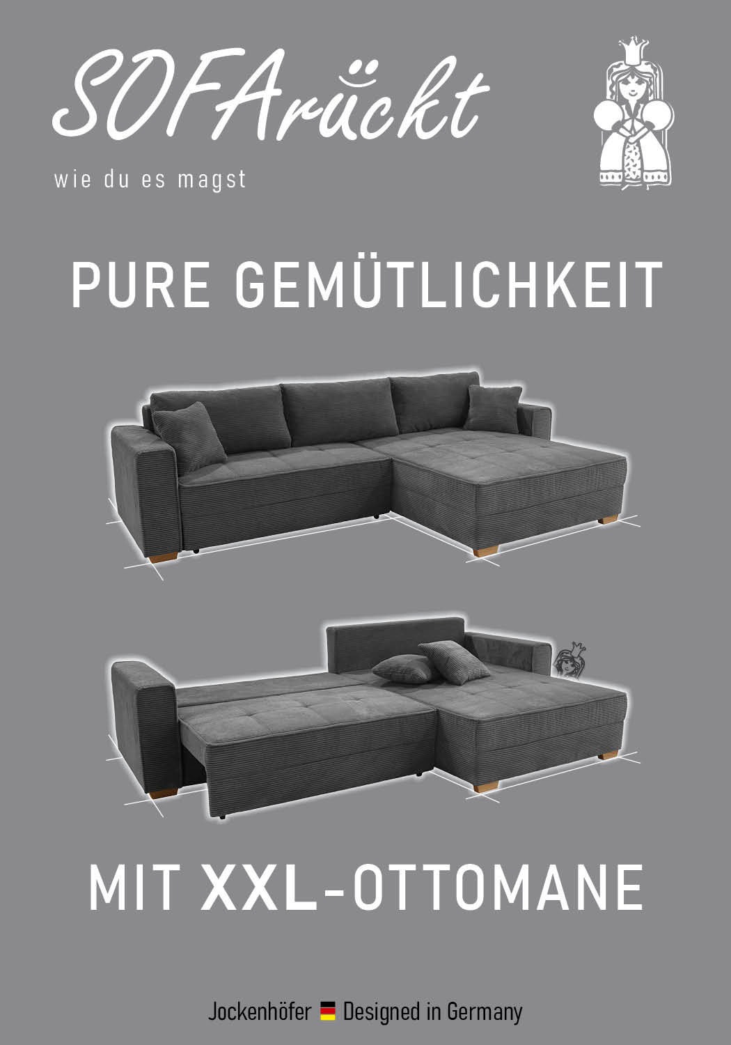 Jockenhöfer Gruppe Ecksofa »Bologna, L-Form, Breite: 298 cm, Cord-Bezug, beidseitig montierbar« mit Bettfunktion, Bettkasten&Zierkissen, Wellenfederung, XXL-Ottomane