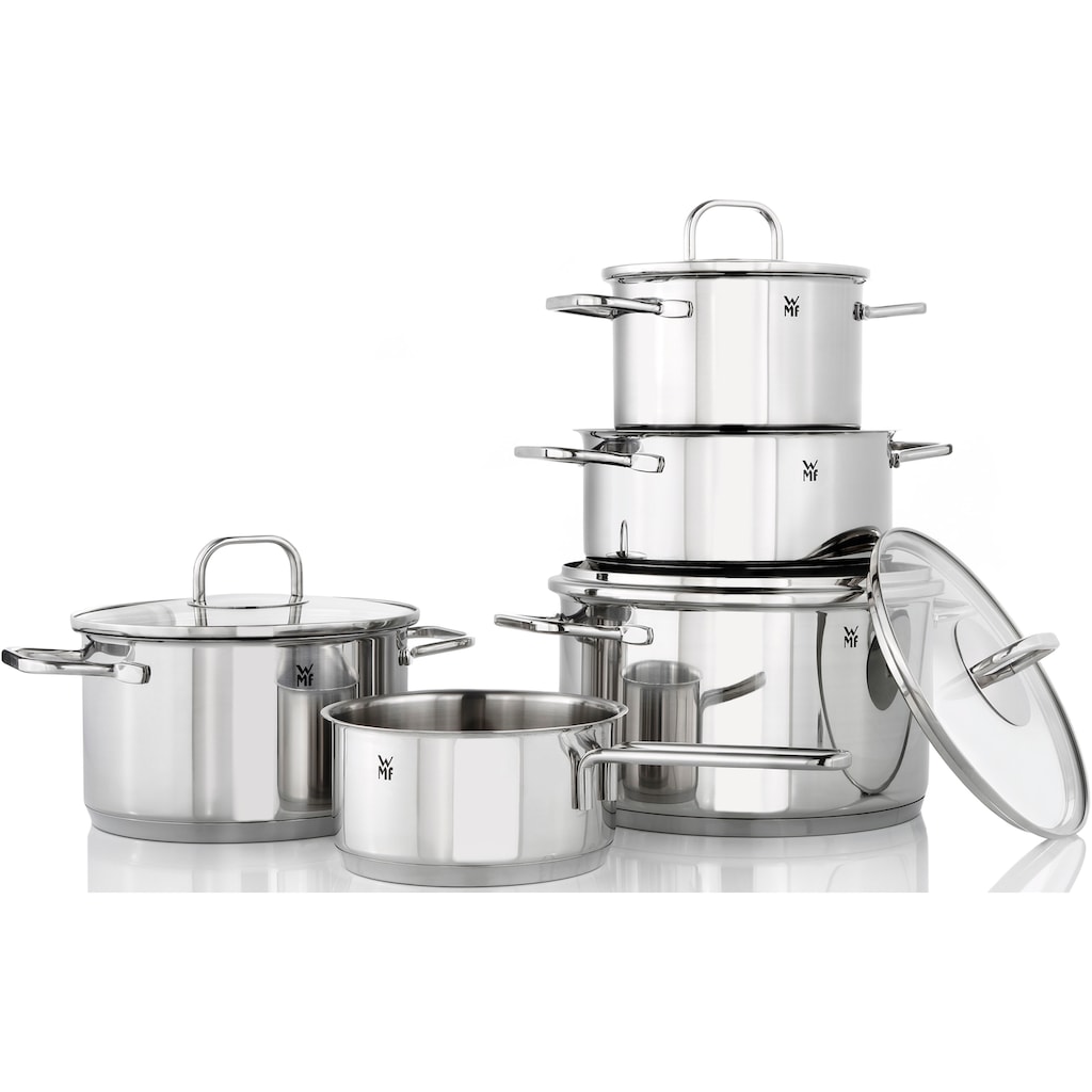 WMF Topf-Set »Inspiration«, Cromargan® Edelstahl Rostfrei 18/10, (Set, 12 tlg., Kochtopf Ø 16/20/24 cm, Bratentopf Ø 20 cm, 1 Stieltopf, 3 Handtücher)