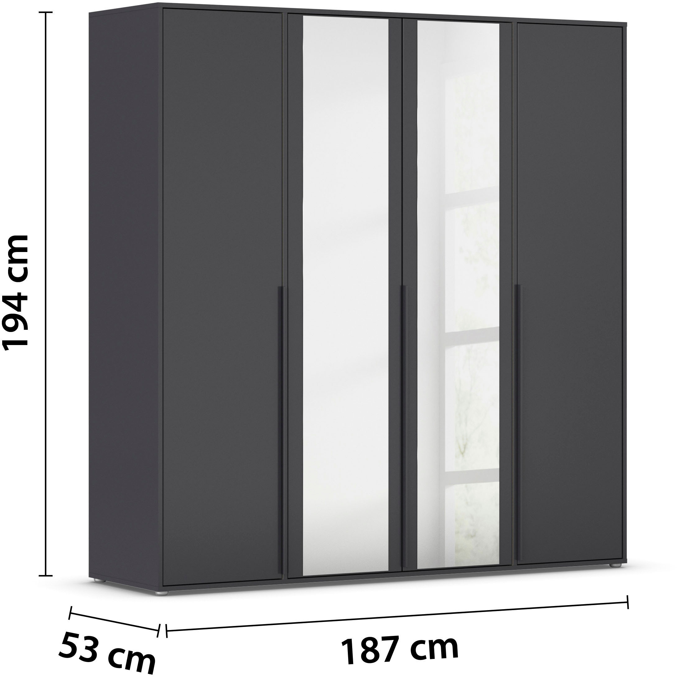 rauch Drehtürenschrank »Kleiderschrank Schrank Garderobe Wäscheschrank NAGATA mit Spiegel«, (in 3 verschiedenen Ausstattungen BASIC/CLASSIC/PREMIUM), und modernen Stangengriffen in Graumetallic TOPSELLER MADE IN GERMANY