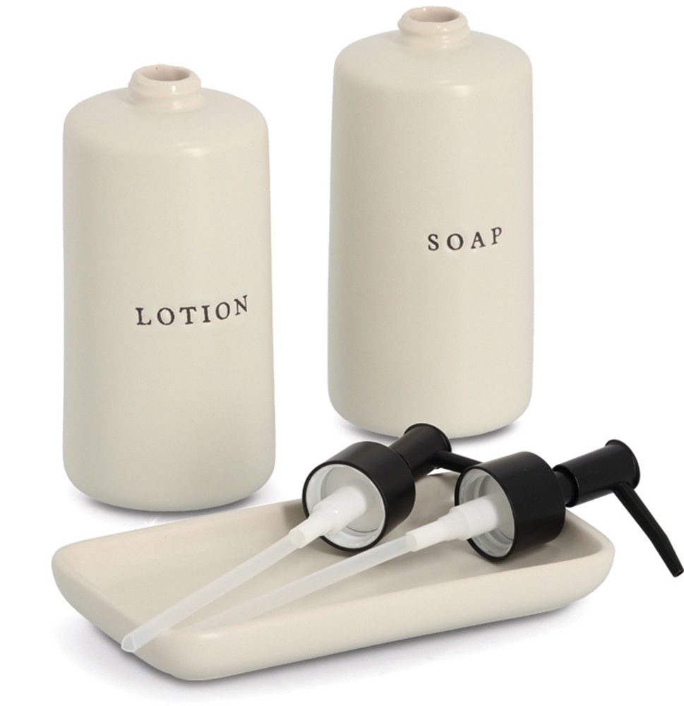 Zeller Present Seifenspender »Seifen-/Lotionspender-Set, 3-tlg., Keramik«, (Set, 3 tlg.), Beschriftung: Seife und Lotion, minimalistisch und modern