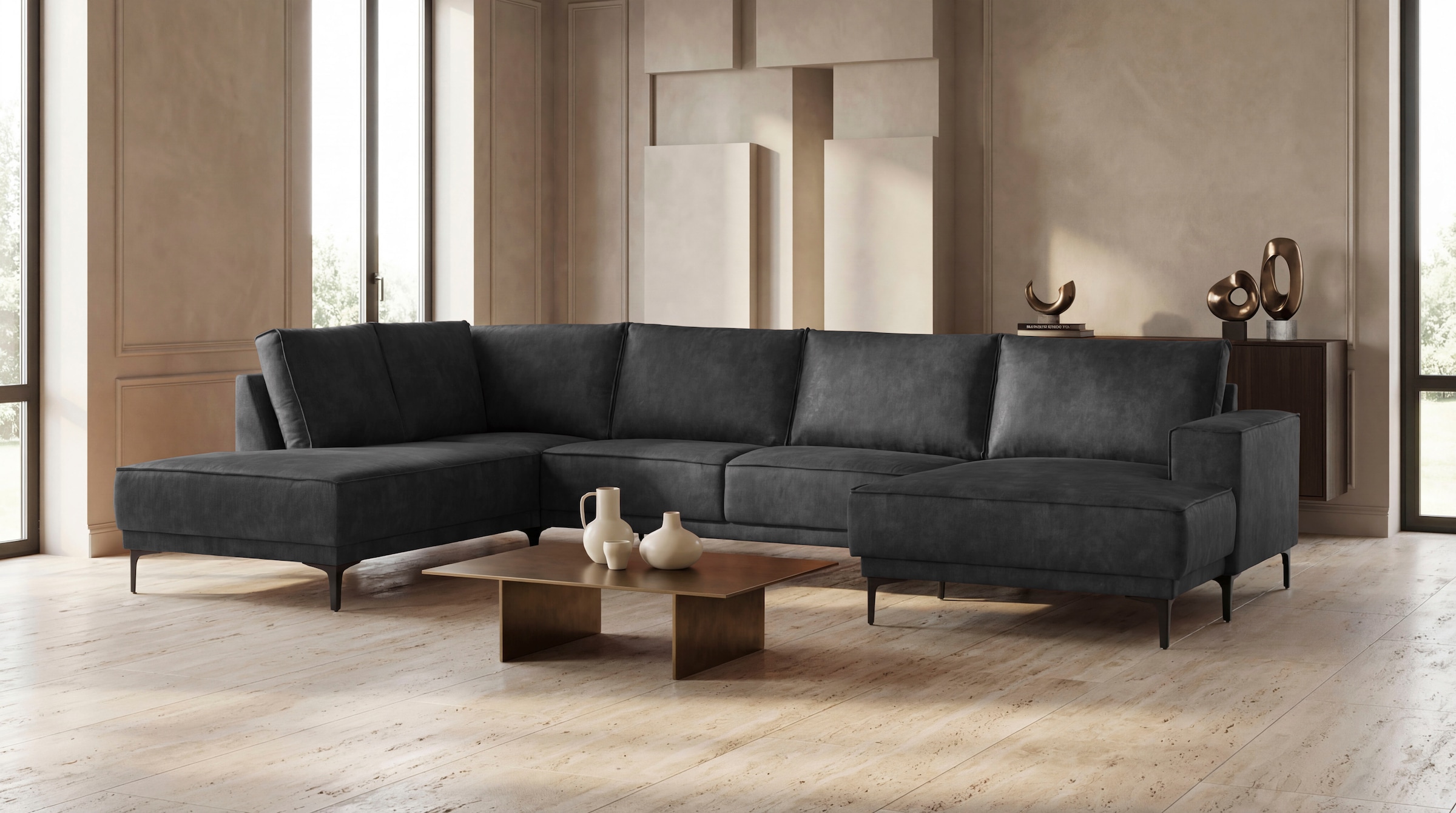 OTTO home Wohnlandschaft "OLAND Luxus-Microfaser U-Form, XXL, B: 345 cm, Skandi-Design" U-Form, 345 cm, Wellenunterfederung, Skandi-Design, Metallfüße