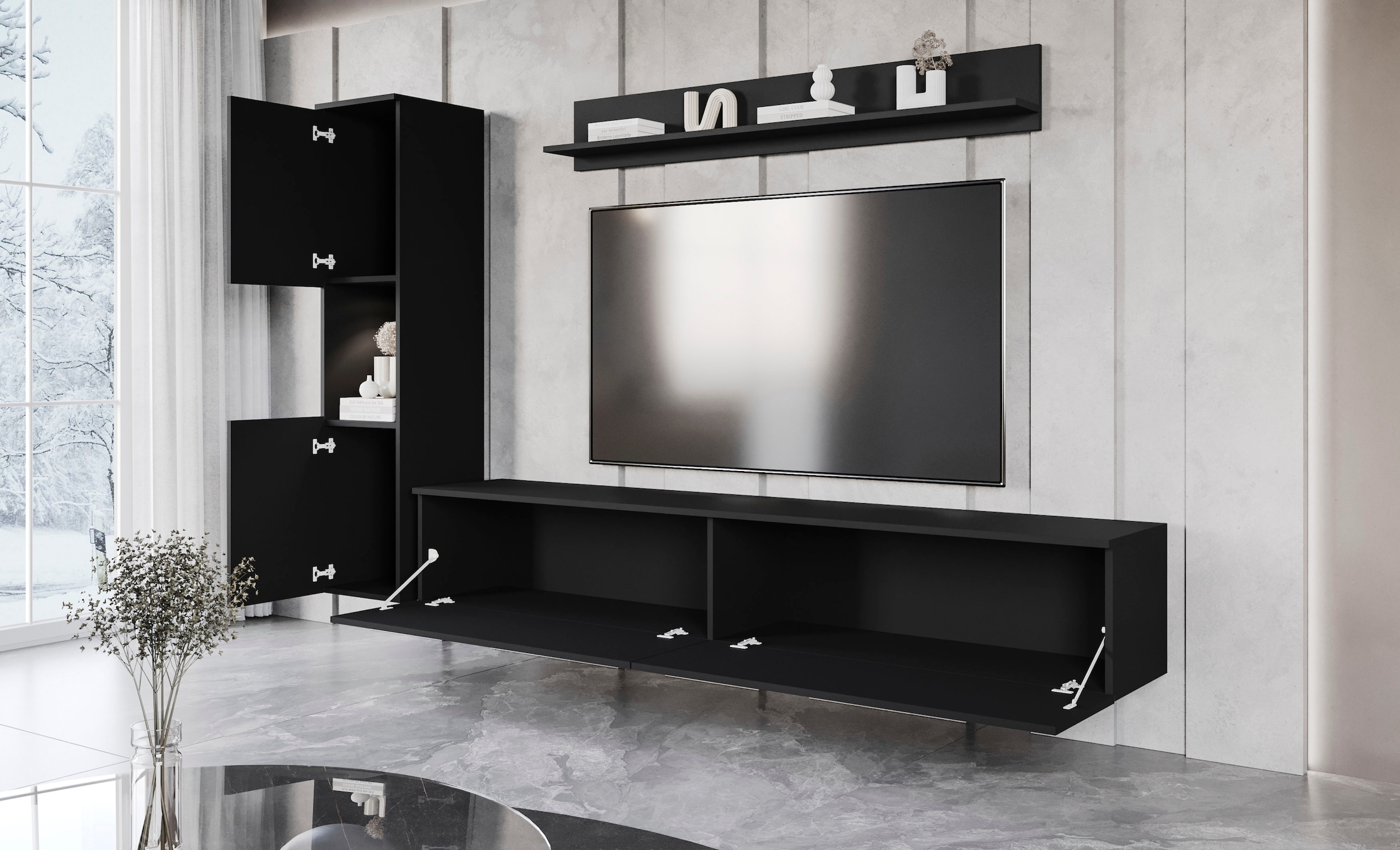 INOSIGN Wohnwand »PARIS, Vitrine Türanschlag links/rechts wechselbar«, (Komplett-Set, 3 St.), grifflose Design, stehend und hängend montierbar