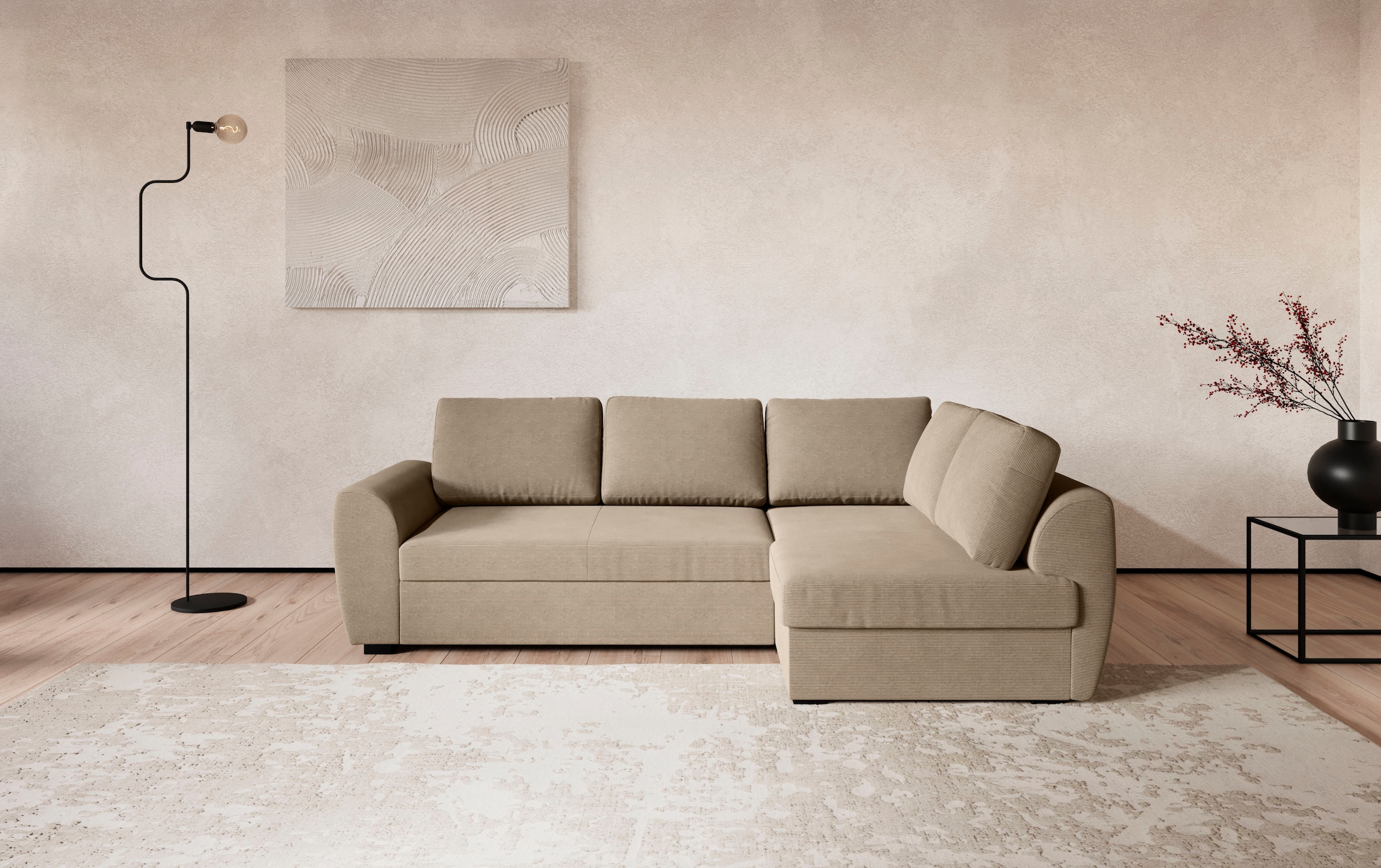 COTTA Ecksofa "Drift L-Form mit Ottomane, B: 253 cm" optional auch mit Schlaffunktion, Wellenunterfederung