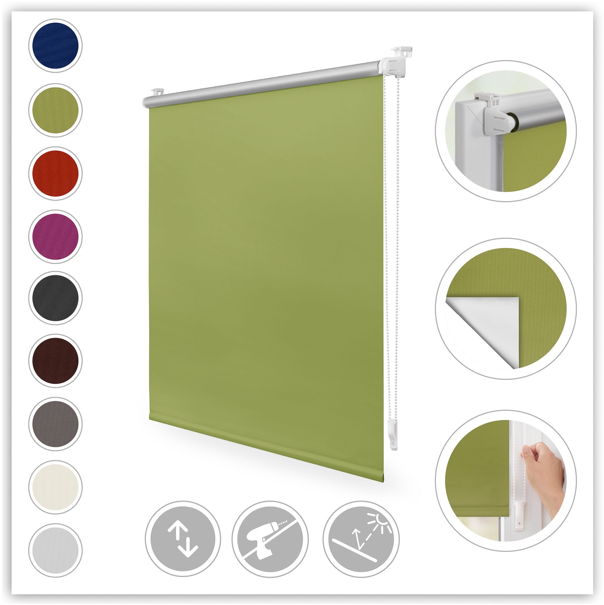 Seitenzugrollo, B:90cm H:150cm, grün, LICHTBLICK ORIGINAL, Polyester, Rollos, "Klemmfix Hitzeschutz", mit Thermobeschichtung