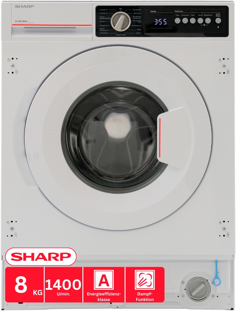 Sharp Einbauwaschmaschine »ES-NIB814BWNA-DE« 8 kg 1400 U/min Dampf-Funktion für weniger Falten und gepflegte Textilien