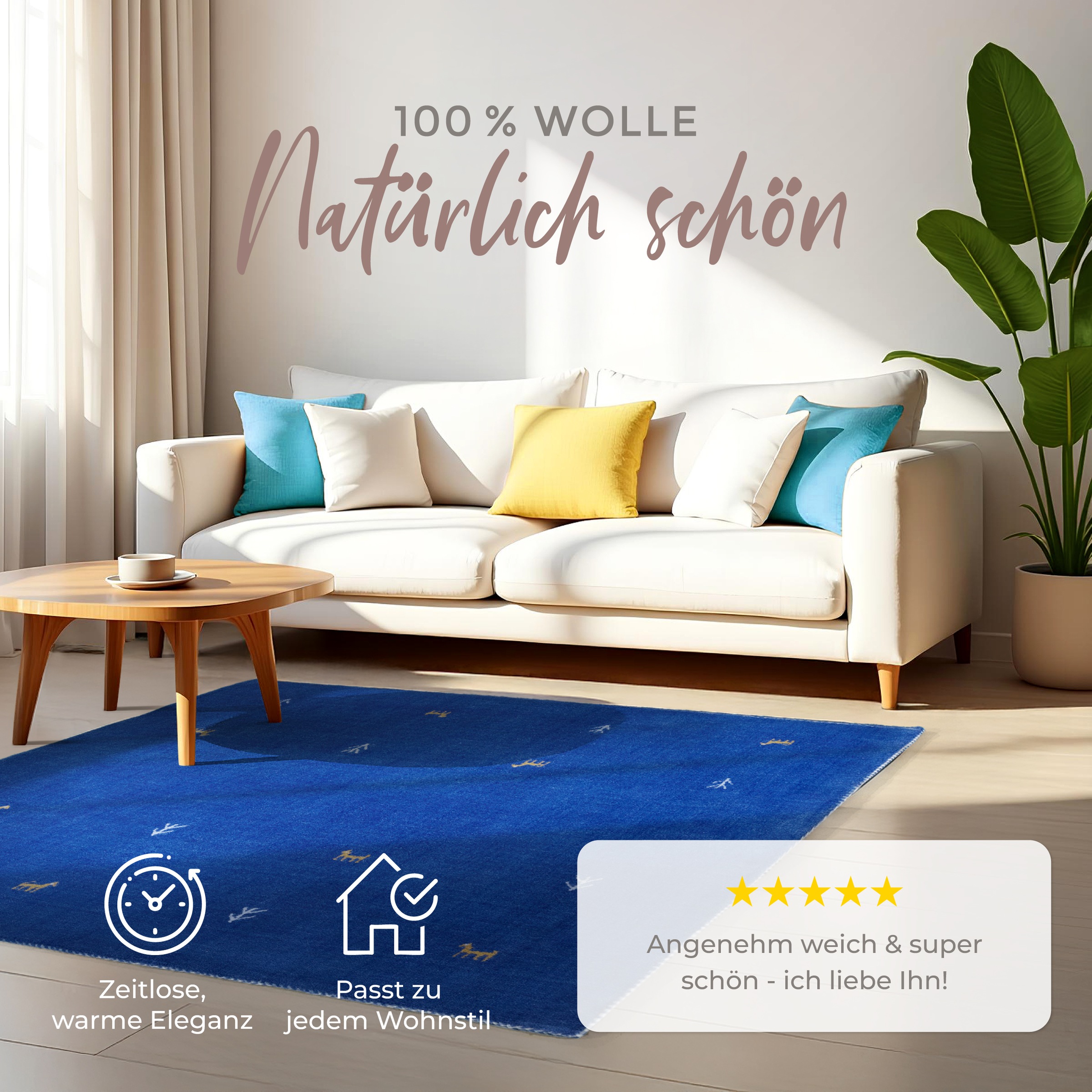 Thumbnail - carpetfine Wollteppich "Gabbeh-Uni" quadratisch 15 mm Höhe reine Wolle, handgewebt, Gabbeh Loom Tiermotiv, Sonderform Qu...