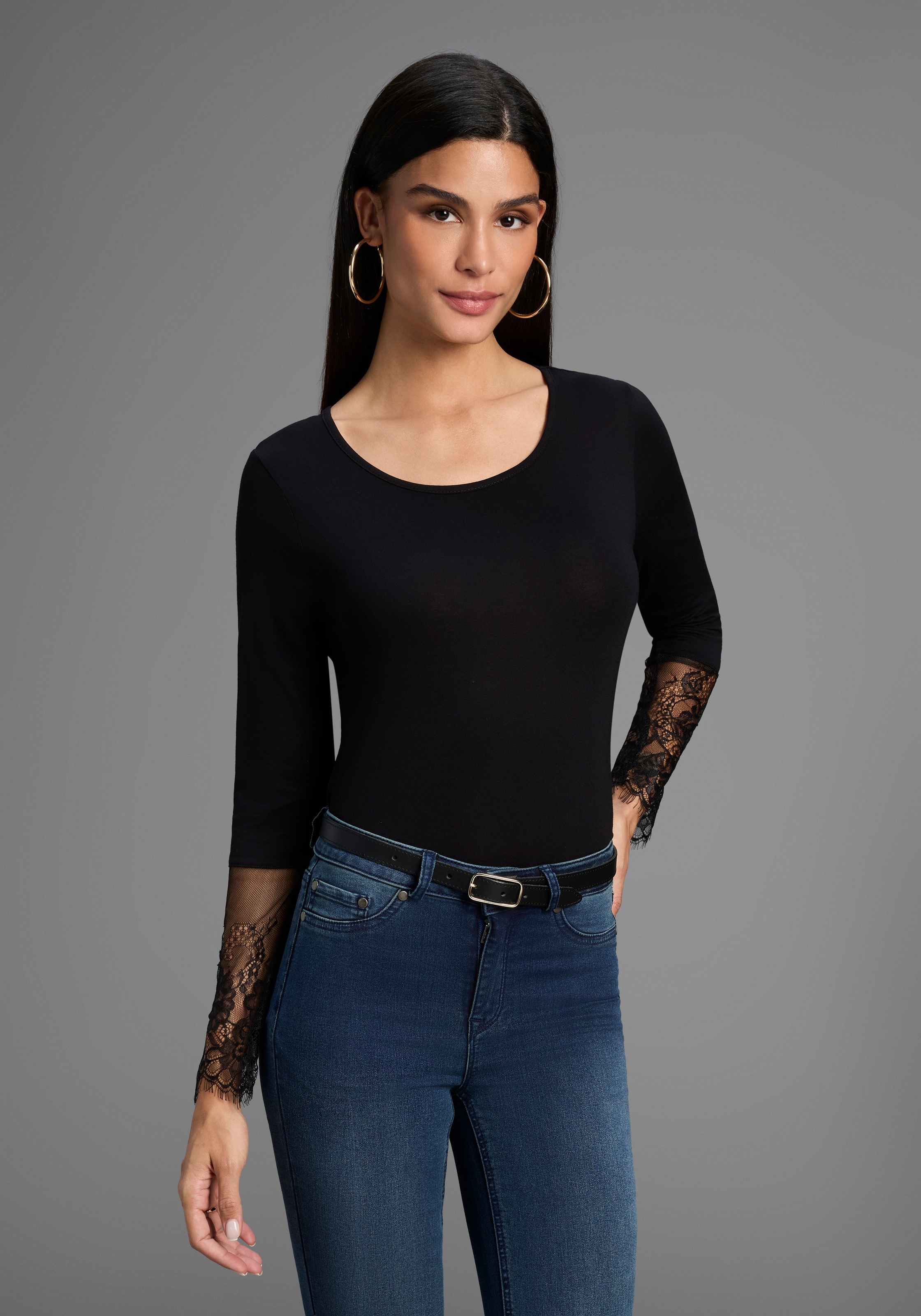 Melrose Langarmshirt, taillierte Passform, aus Jersey und Spitze
