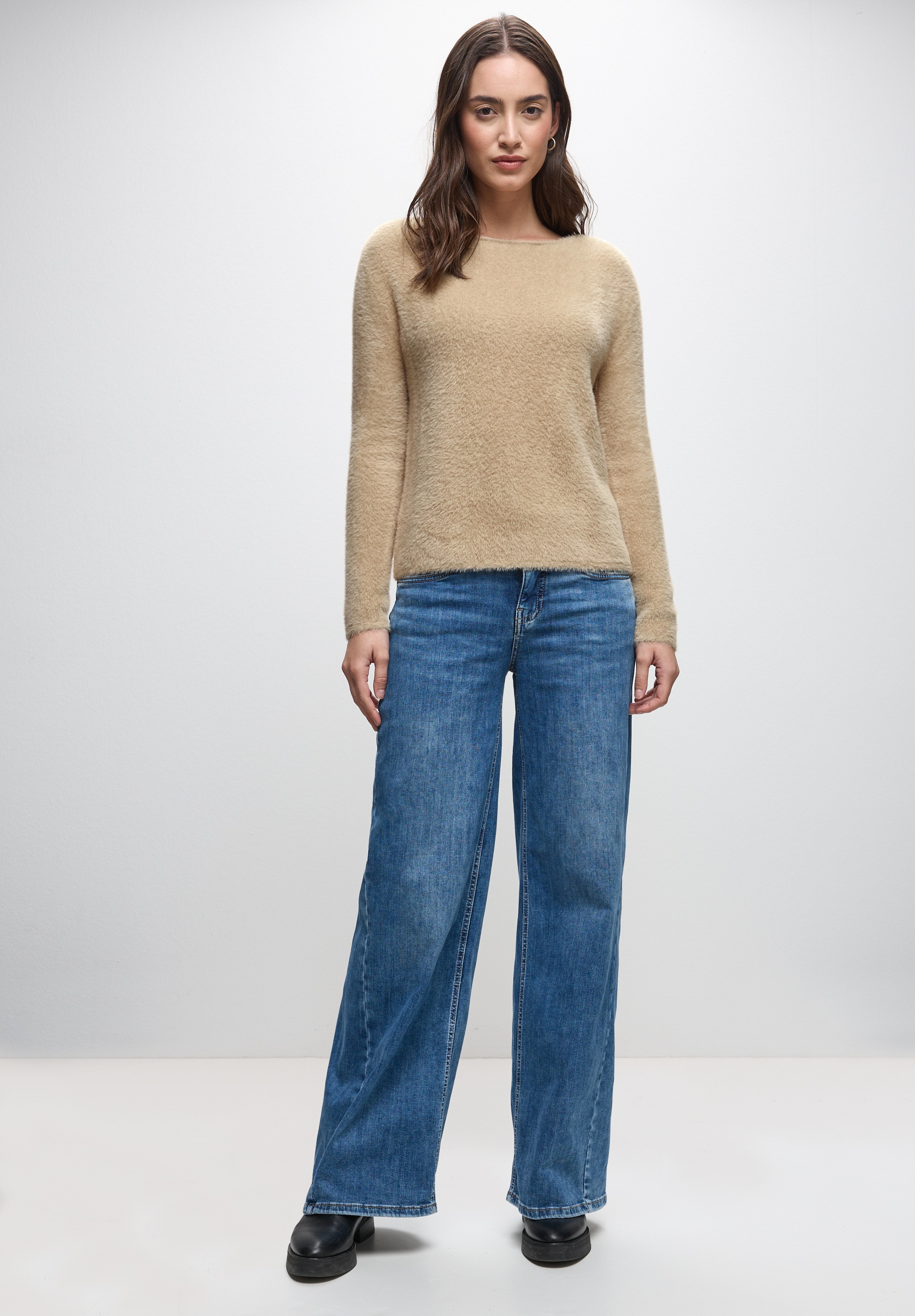 Strickpullover STREET ONE, Damen, Gr. 46, sanded beige, Stoff, 78% Polyamid, 12% Polyacryl, 10% Baumwolle, unifarben, normal normal, U-Boot-Ausschnitt, abgesteppt, Pullover Strickpullover, Grobstrick 2