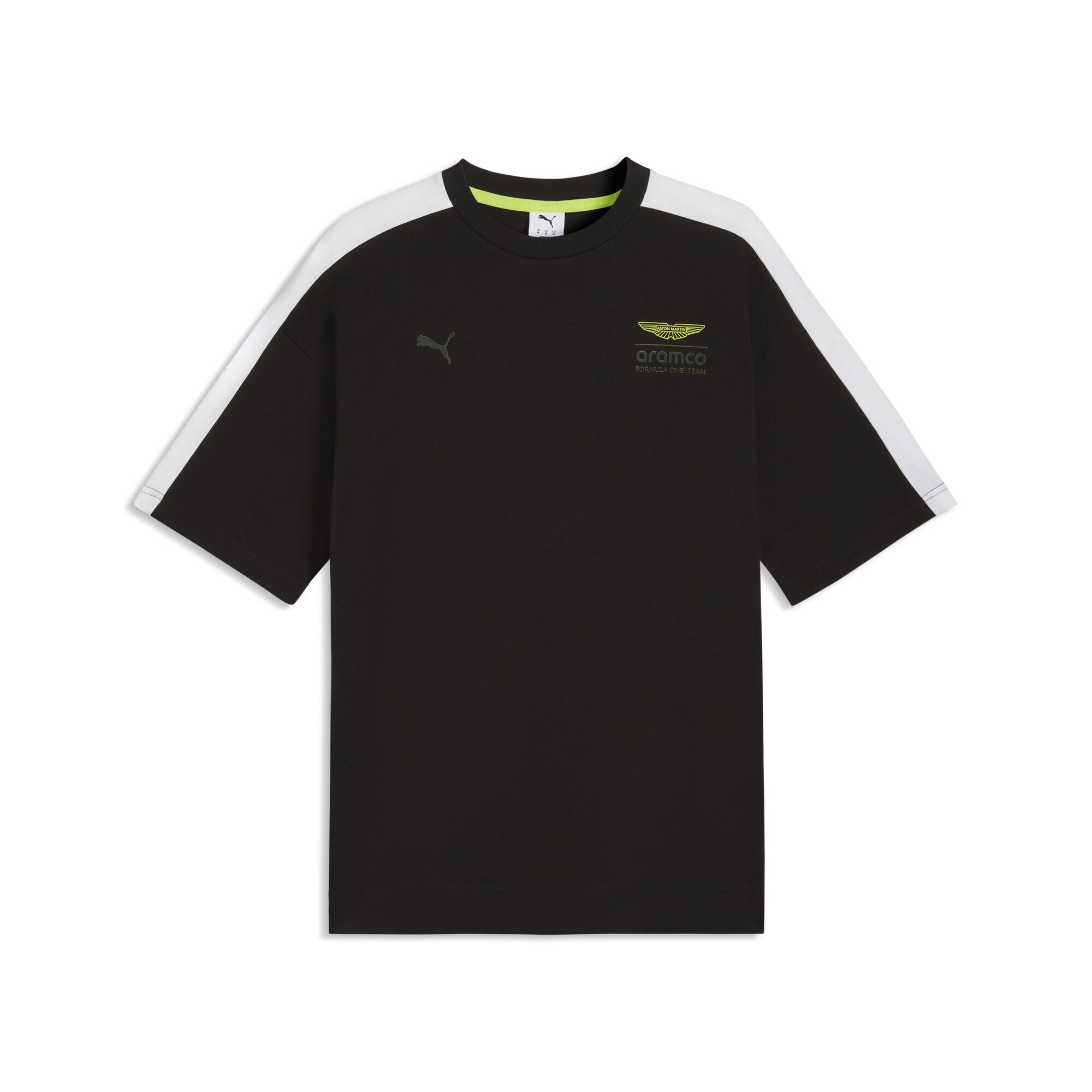 T-Shirt PUMA "PUMA x ASTON MARTIN ARAMCO F1 TEAM T7 T-Shirt Herren", Damen, Gr. L, schwarz, Obermaterial: 100% Baumwolle; Rippe: 29% Polyester, 71% Baumwolle, oversize, Rundhals, Shirts T-Shirt