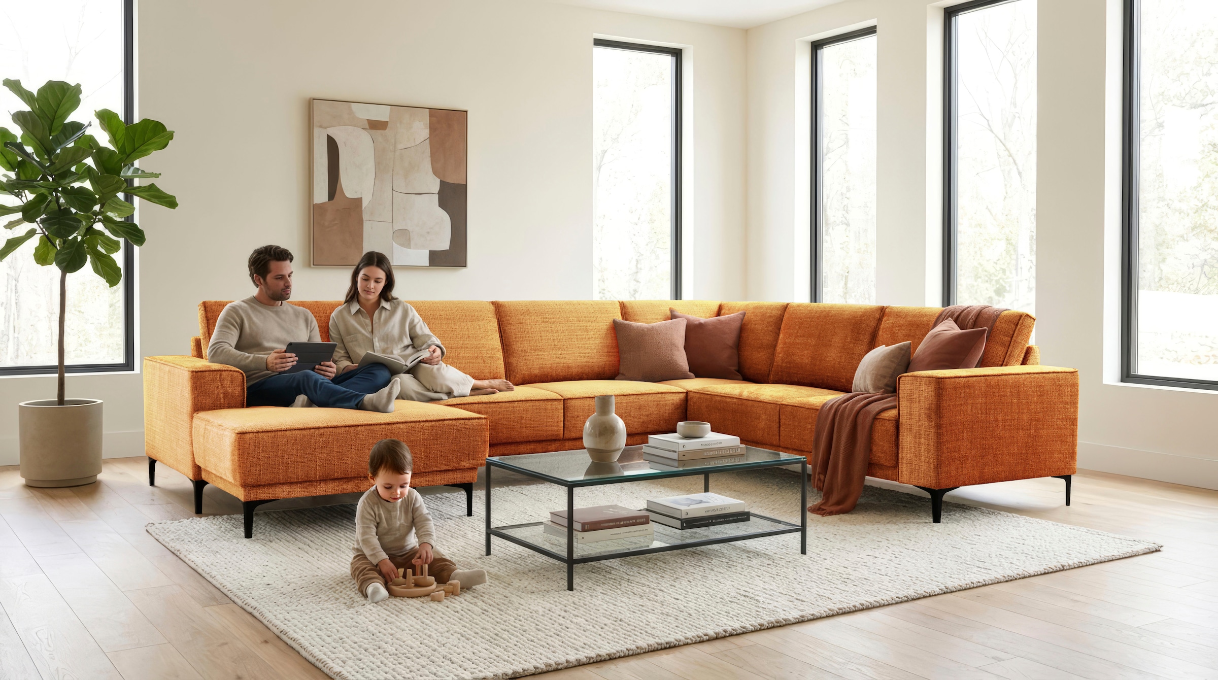 OTTO home Wohnlandschaft "OLAND Chenille U-Form, XXL, B: 342 cm, Skandi-Design" Skandi-Design in Struktur, Flachgewebe, Luxus-Microfaser, Boucle