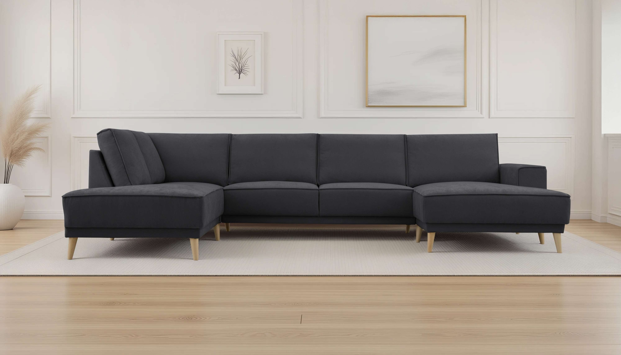OTTO home Wohnlandschaft "Oland Skandi, weicher Chenille-Stoff" U-Form, 345 cm, Wellenunterfederung, Skandi-Design, Massivholzfüße