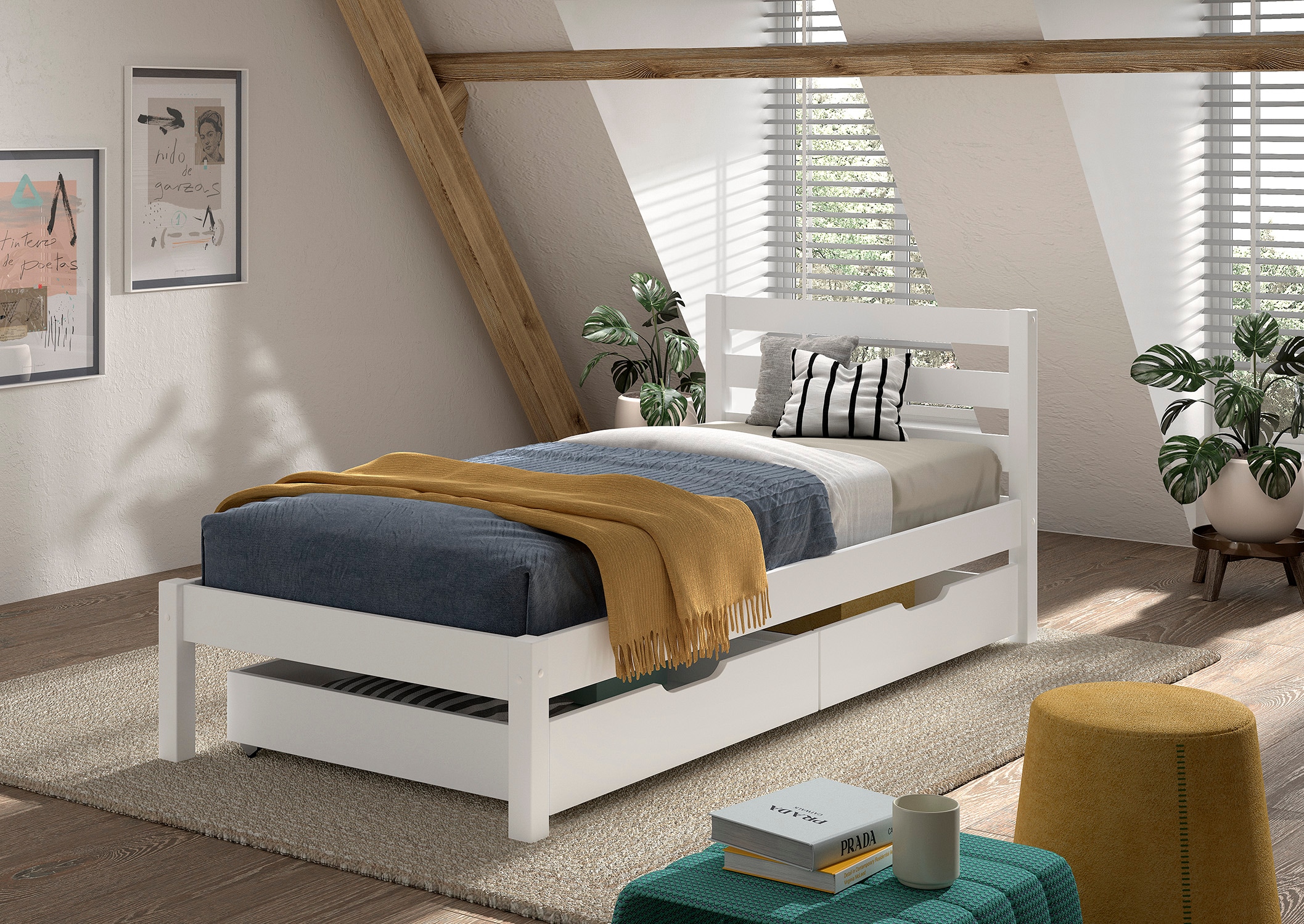 Vipack Massivholzbett »Pino, universell einsetzbar, gradliniges Design, Made in Europe« B/H/Tca. 211x84,4x 97,5cm, Liegefläche 90/200 cm, inkl. 2 Schubladen,  inkl. Rolllattenrost, Kiefer massiv, in Natur oder Weiß lackiert