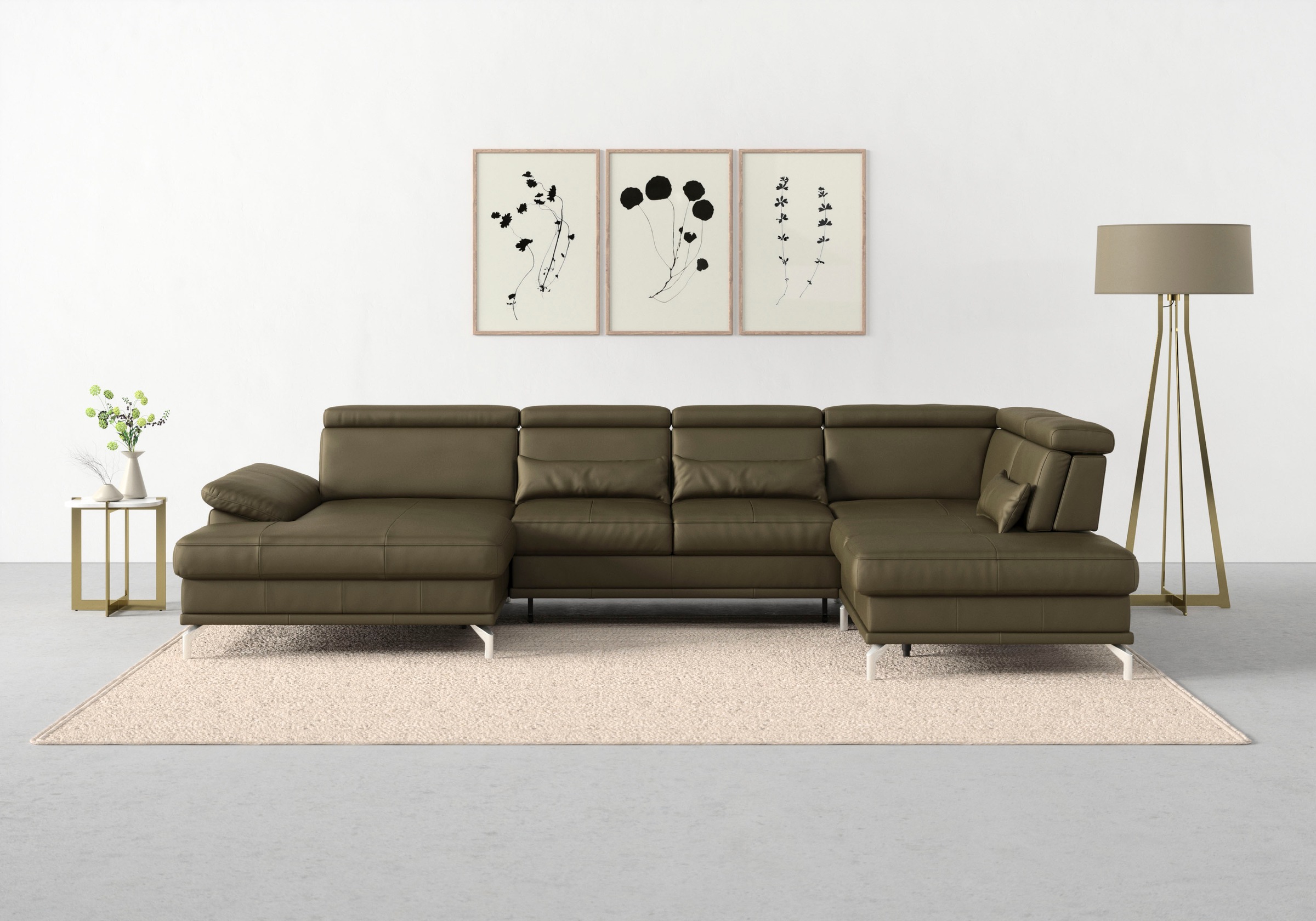 Wohnlandschaft SIT & MORE "Cabrio U-Form, B: 359 cm, mit Sitztiefen-, Arm- & Kopfteilverstellung", grün (olive), B:359cm H:87cm T:230cm, Sofas, Wohnlandschaft, 3 Nierenkissen, Federkern, optional Bettfunktion und Stauraum