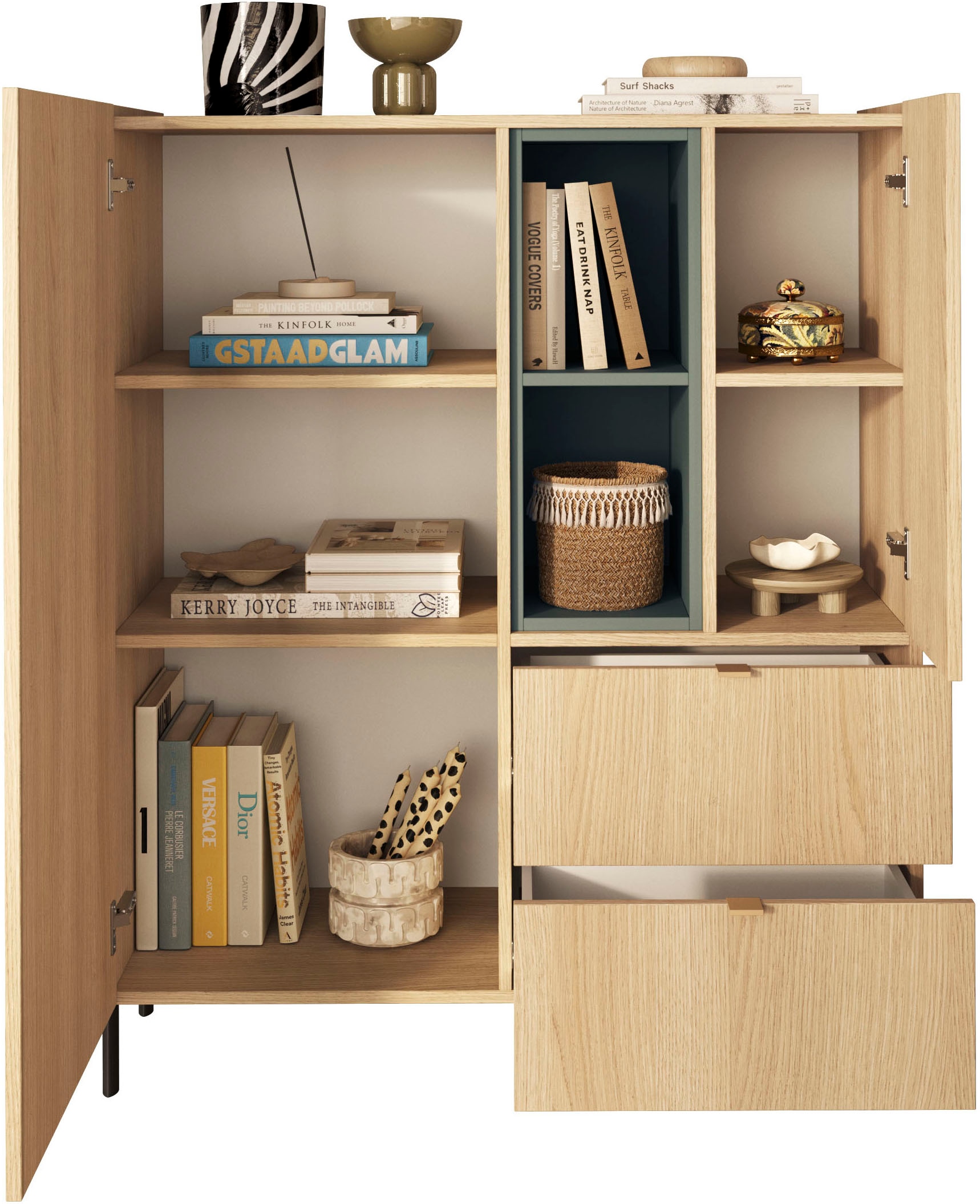 OTTO home Highboard »Badia, B/H 101/124 cm, 2 Türen, 2 Schubkästen, Stauraumschrank« Innenliegendes Top, gerade Metallfüße, salbeigrüne Farbakzente