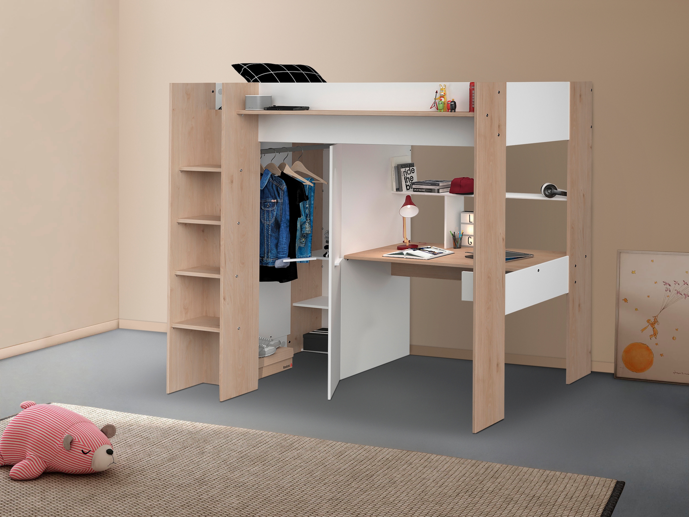 Parisot Hochbett »Heavy«, ALL-IN-ONE, mit Kleiderschrank, Schreibtisch, Leiter, Stauraum