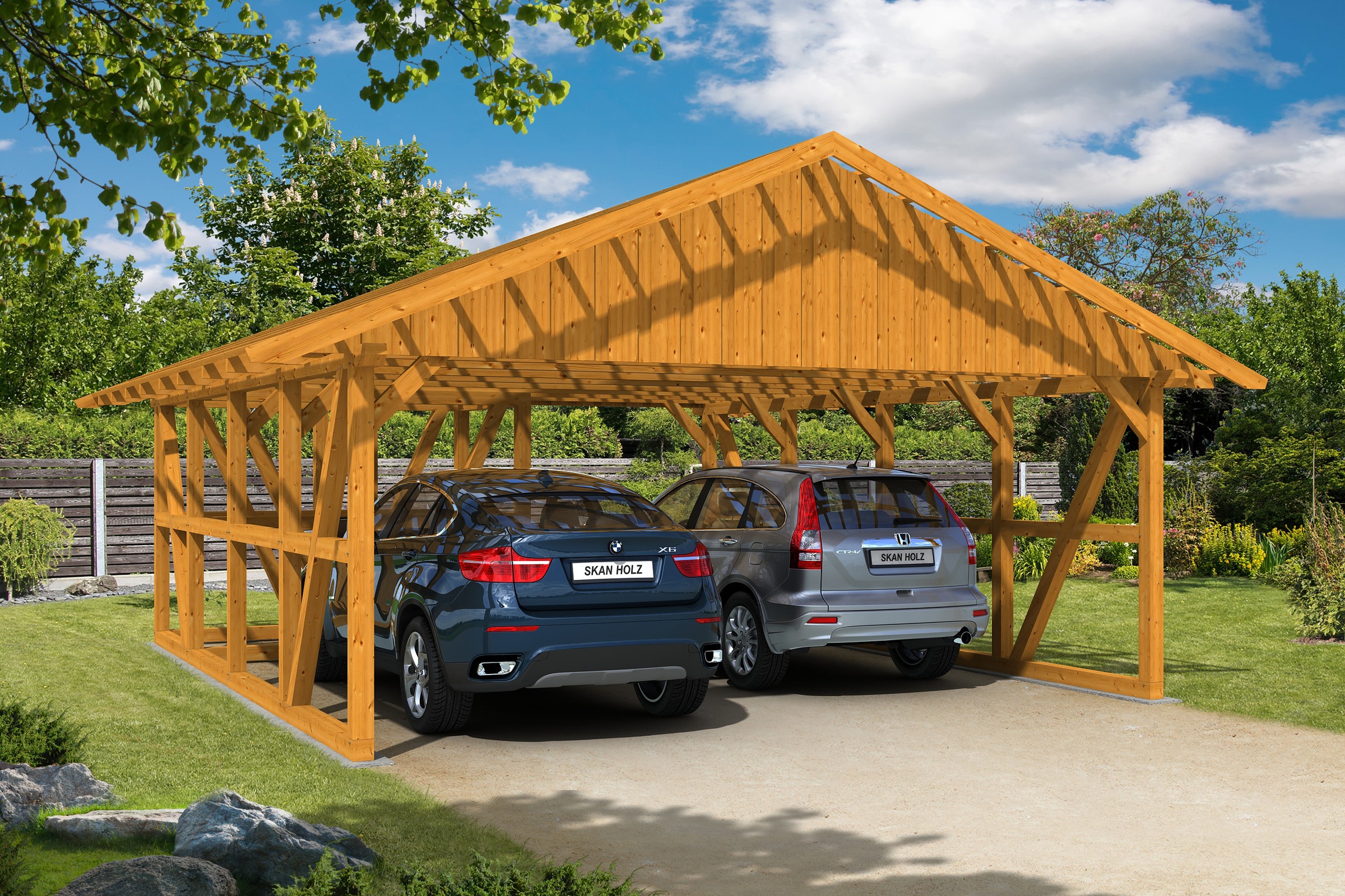 Skanholz Doppelcarport »Schwarzwald«, KVH-Fichte, 560 cm, Eiche hell, mit Abstellraum 1, mit Dachlattung