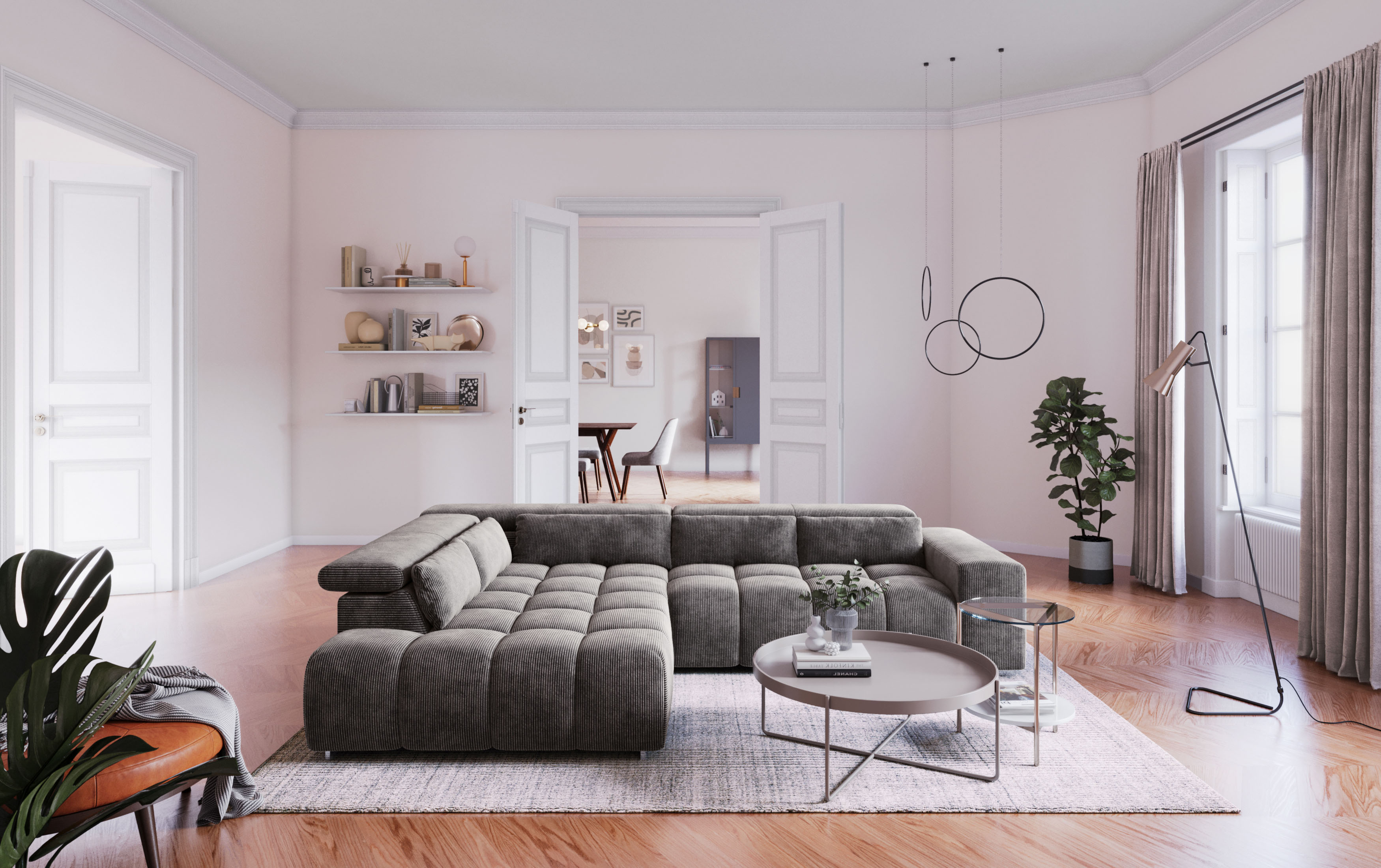 COTTA Ecksofa "Orion L-Form, B: 310 cm, moderne Steppung, bequeme Wellenunterfederung" Kopfteilverstellung & 5 Nierenkissen