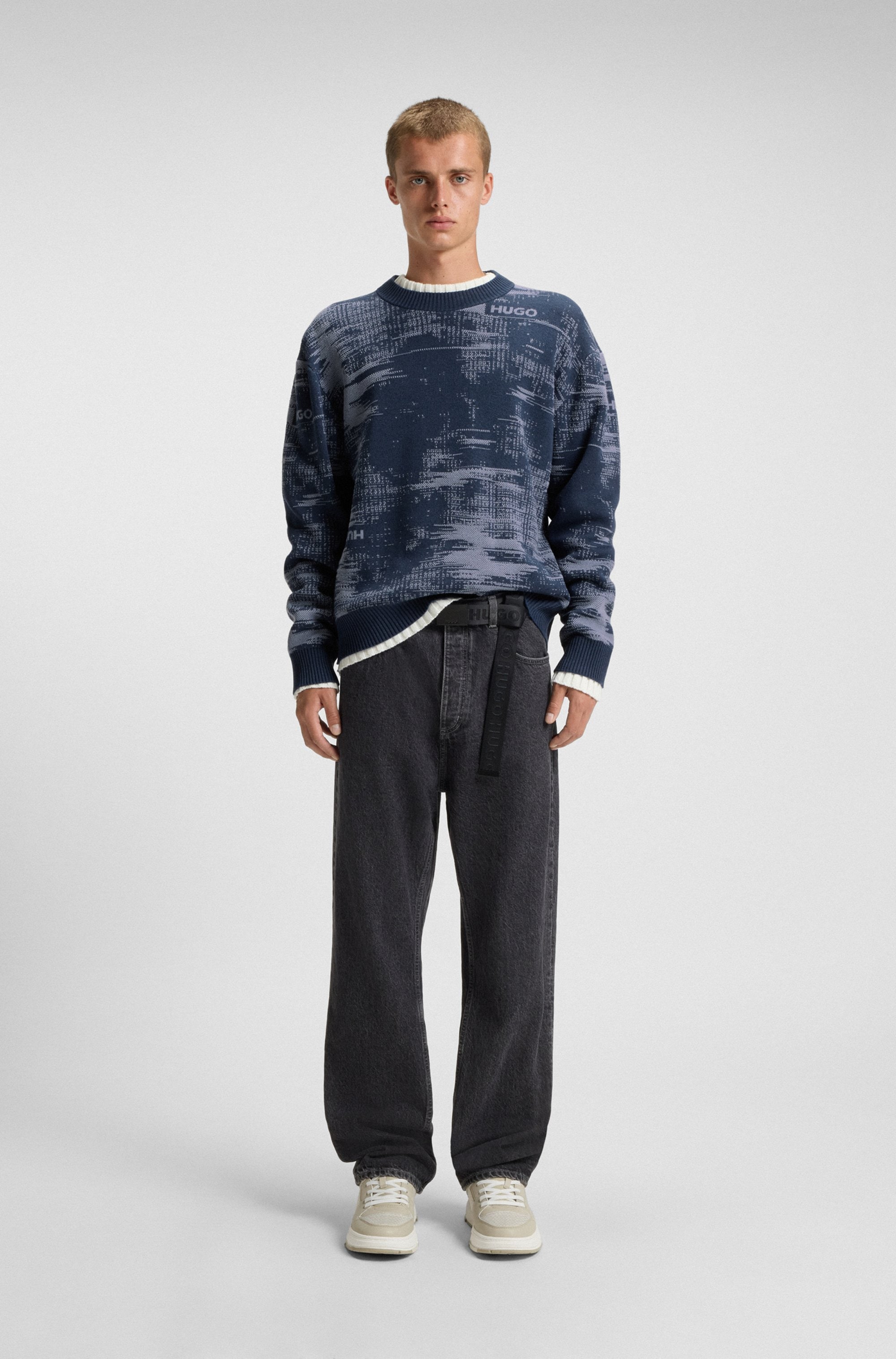HUGO Blue Jacquardpullover »Sorbas«, Rundhalsausschnitt, relaxed fit, Baumwollmix