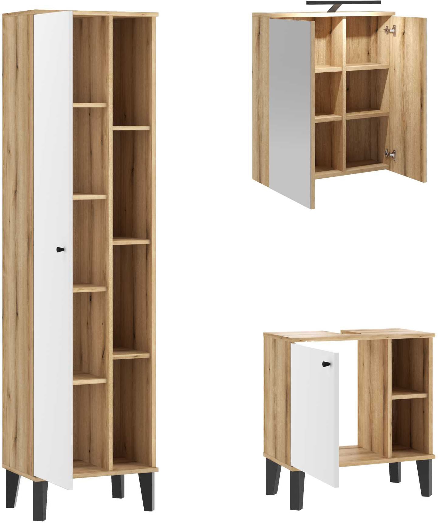 INOSIGN Badmöbel-Set »OSLO, Bad im skandinavischen Design, 5-teiliges Badezimmer«, (Set, 3 St.), Badschränke und Spiegel, in zwei Farben verfügbar, viel Stauraum