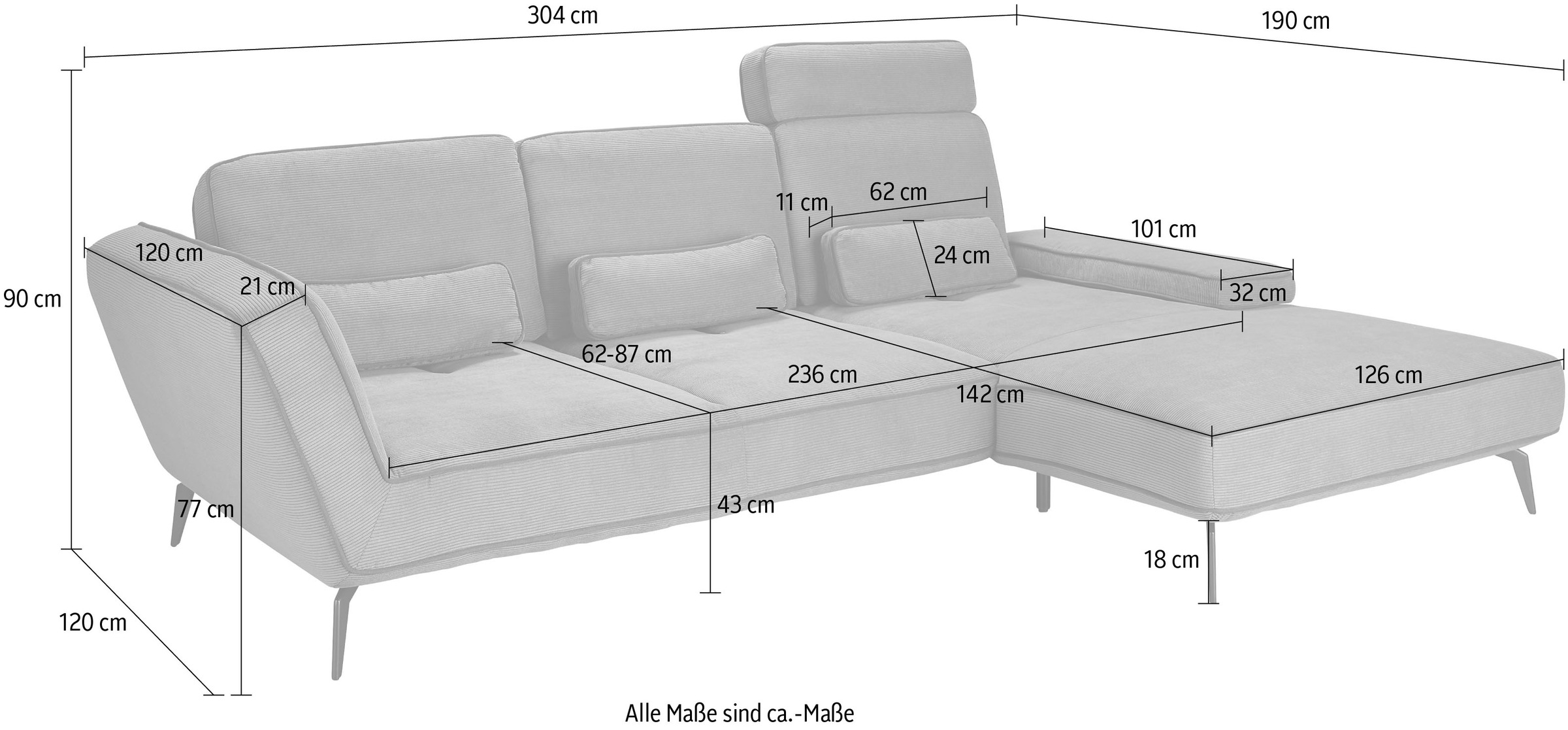set one by Musterring Ecksofa »SO 4500, Füße schwarz matt, inkl Schwenkrückenfunktion, Cord, L-Form«, wahlweise mit Kopfstütze/Armteilverstellung/Rückenneigung