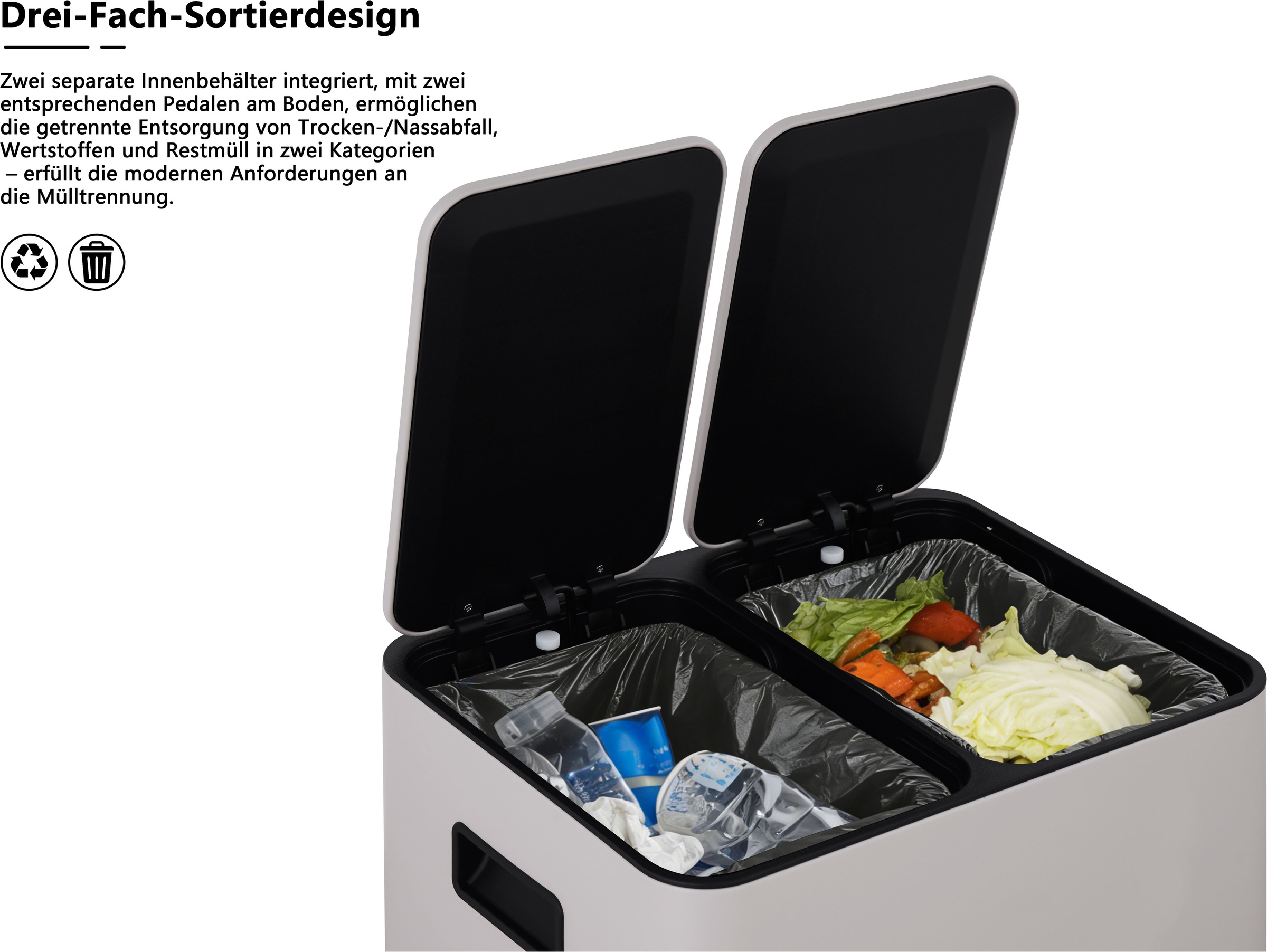 OTTO home Mülleimer »Garrin, Soft Close, m. 2 Fächern, Fassungsvermögen 2x15 L bzw. 2x30 L« 2 Behälter Mülltrennsystem mit 2 separaten Innenbehältern und Fußtrittpedalen