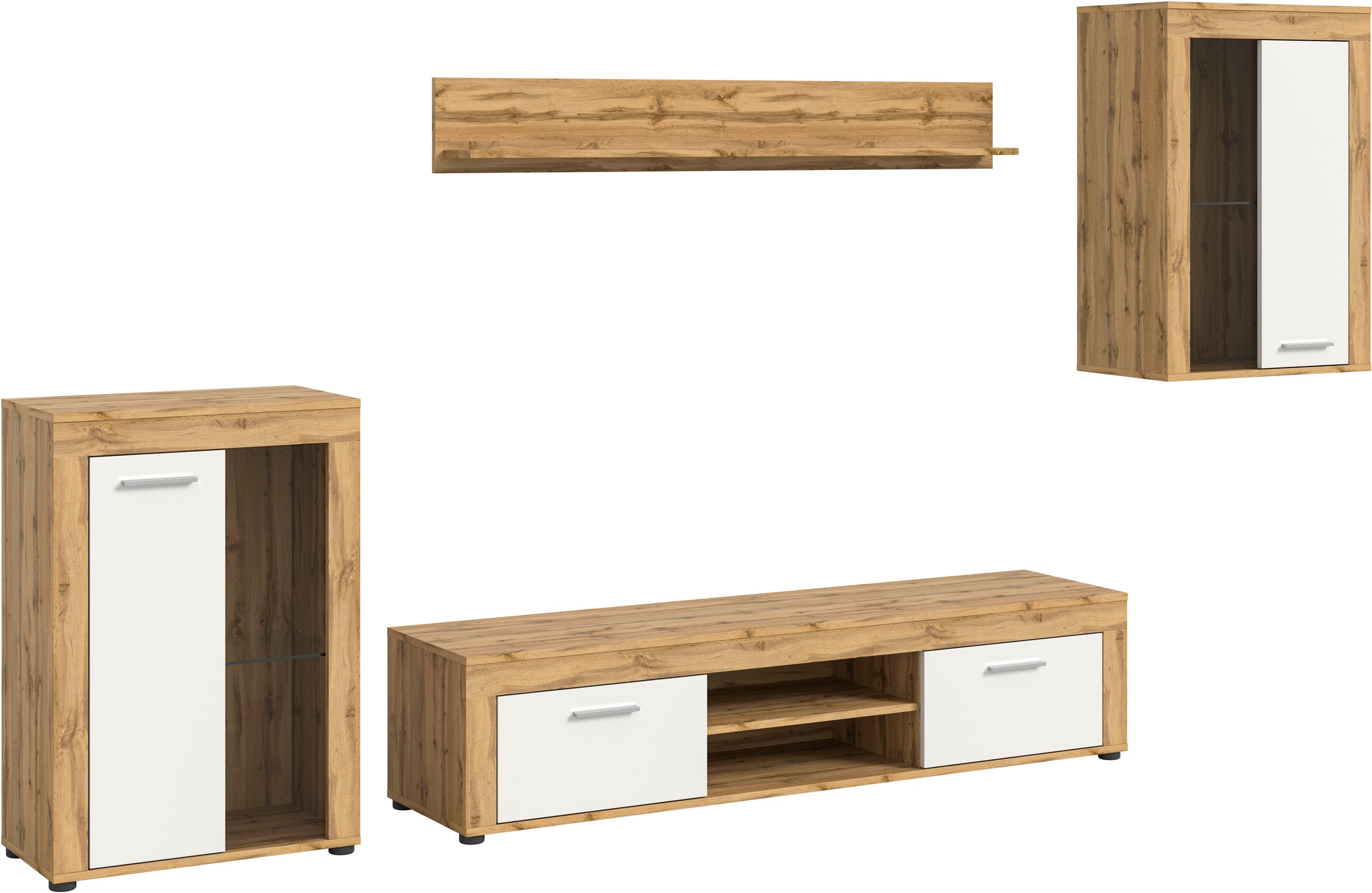 INOSIGN Wohnwand »Aosta, 4-tlg., bestehend aus: 2x Vitrine, Lowboard & Wandboard«, (4 St.), Wohnwand, Kombination, Anbauwand, Möbel Set, Schrankwand, Möbel Kombi